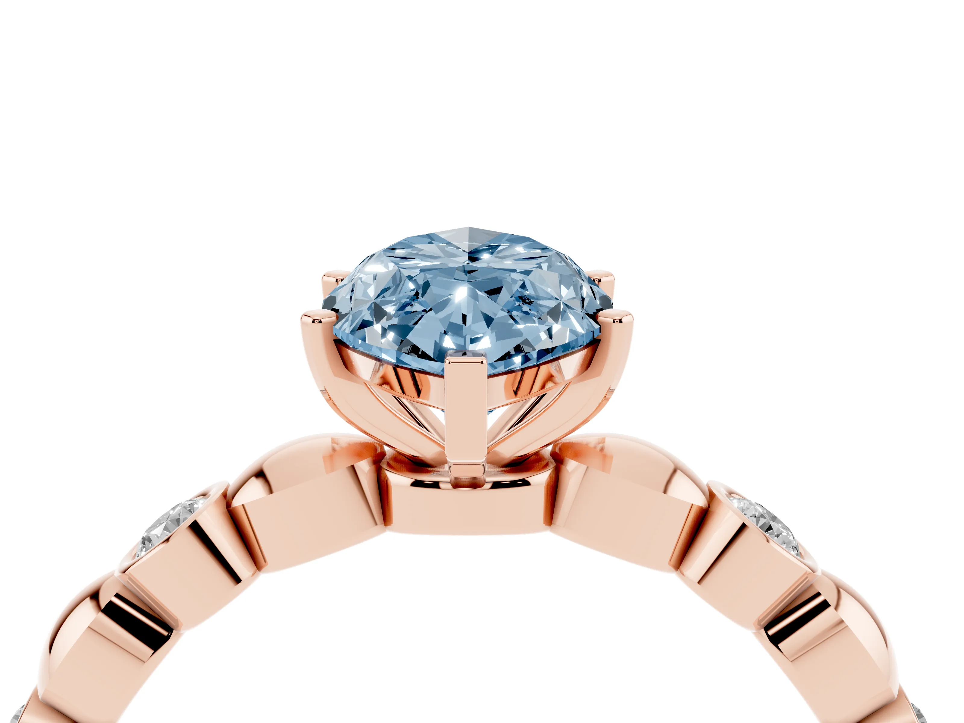 Fancy Blue Marquise Cut Diamond Solitaire Ring Set in Rose gold with Bezel-Set Accents on Beaded Band and Prong Setting