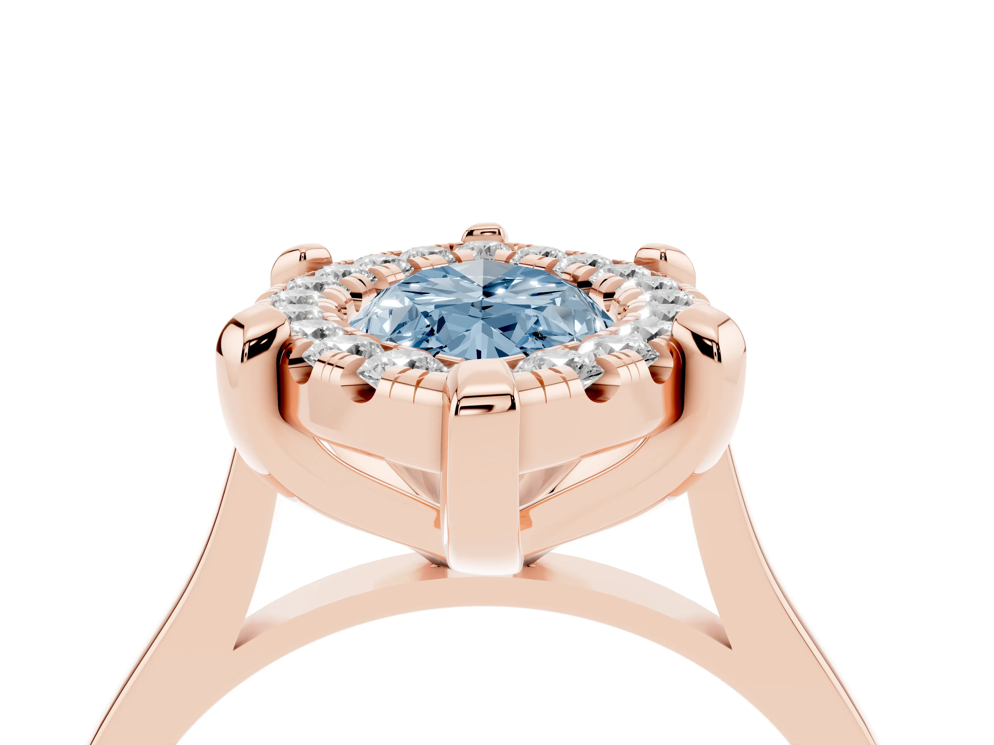 Fancy Blue Marquise Cut Diamond Cluster Halo Solitaire Ring Set in Rose gold with Prong Setting