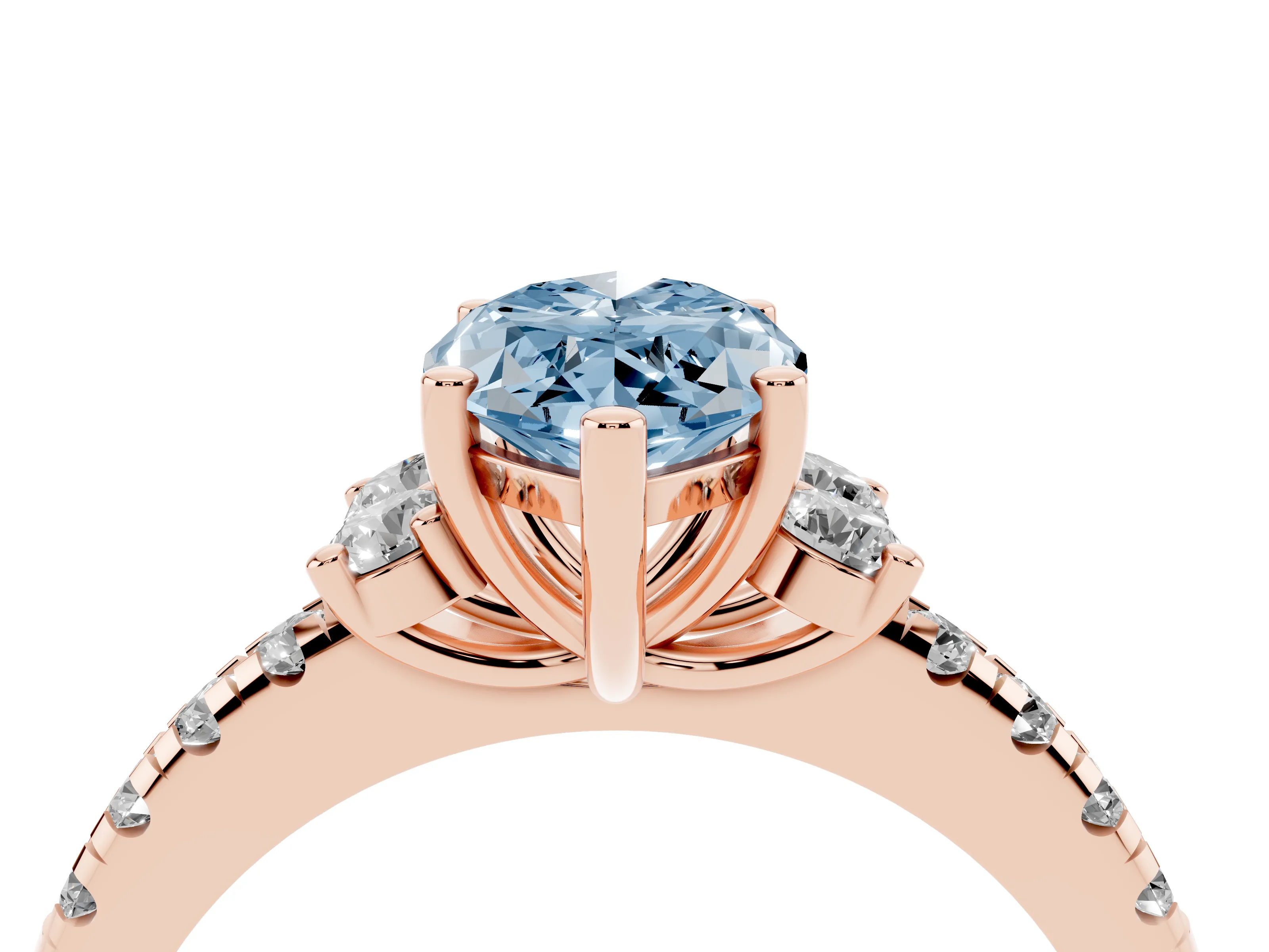 Fancy Blue Marquise Cut Diamond Three-Stone Pavé Ring Set in Rose gold with Prong Setting