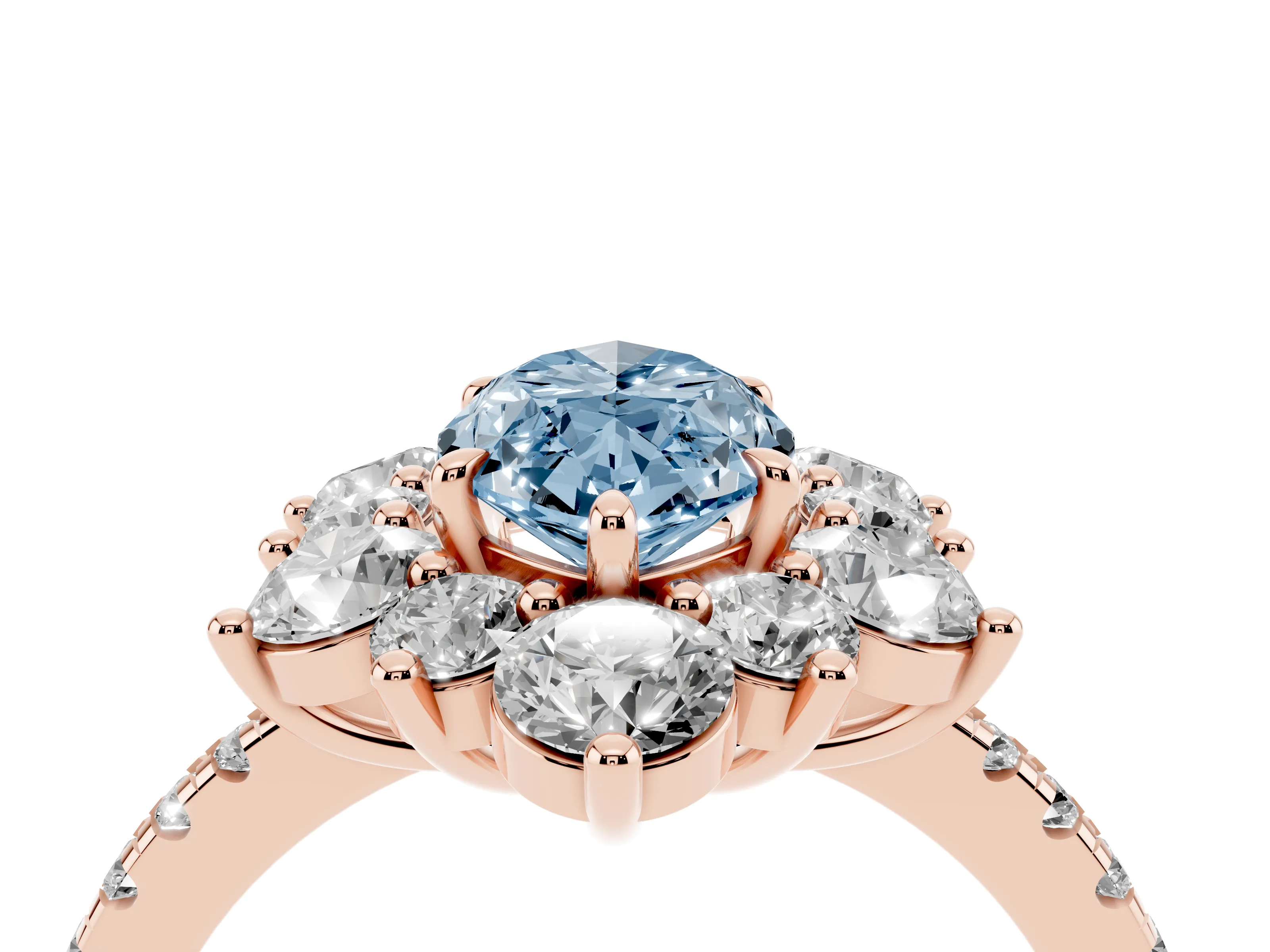Fancy Blue Marquise Cut Diamond Floral Halo Ring Set in Rose gold with Round Pavé Band and Prong Setting