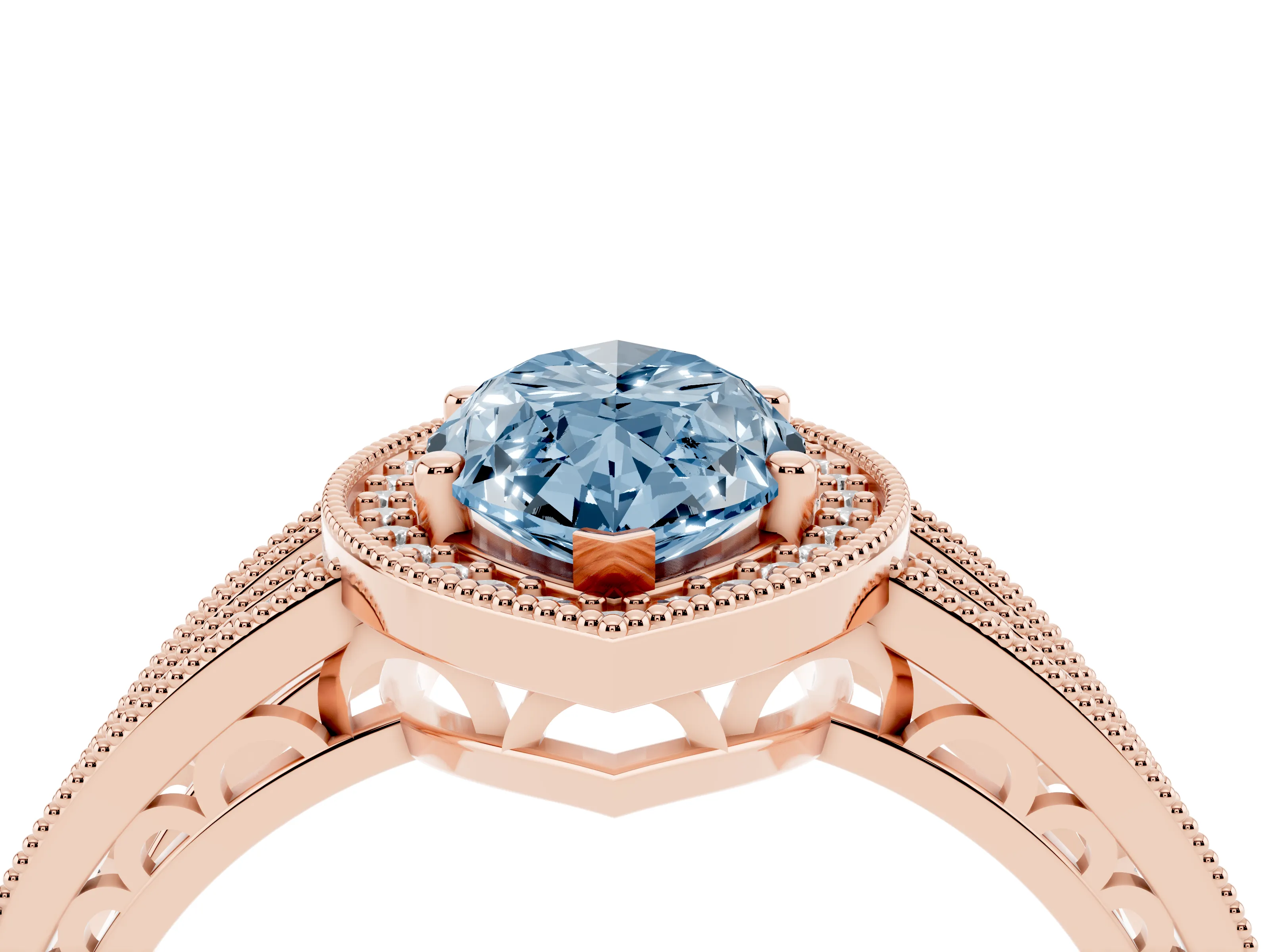 Fancy Blue Marquise Cut Diamond Halo Ring Set in Rose gold with Accent Split Shank and Prong Setting
