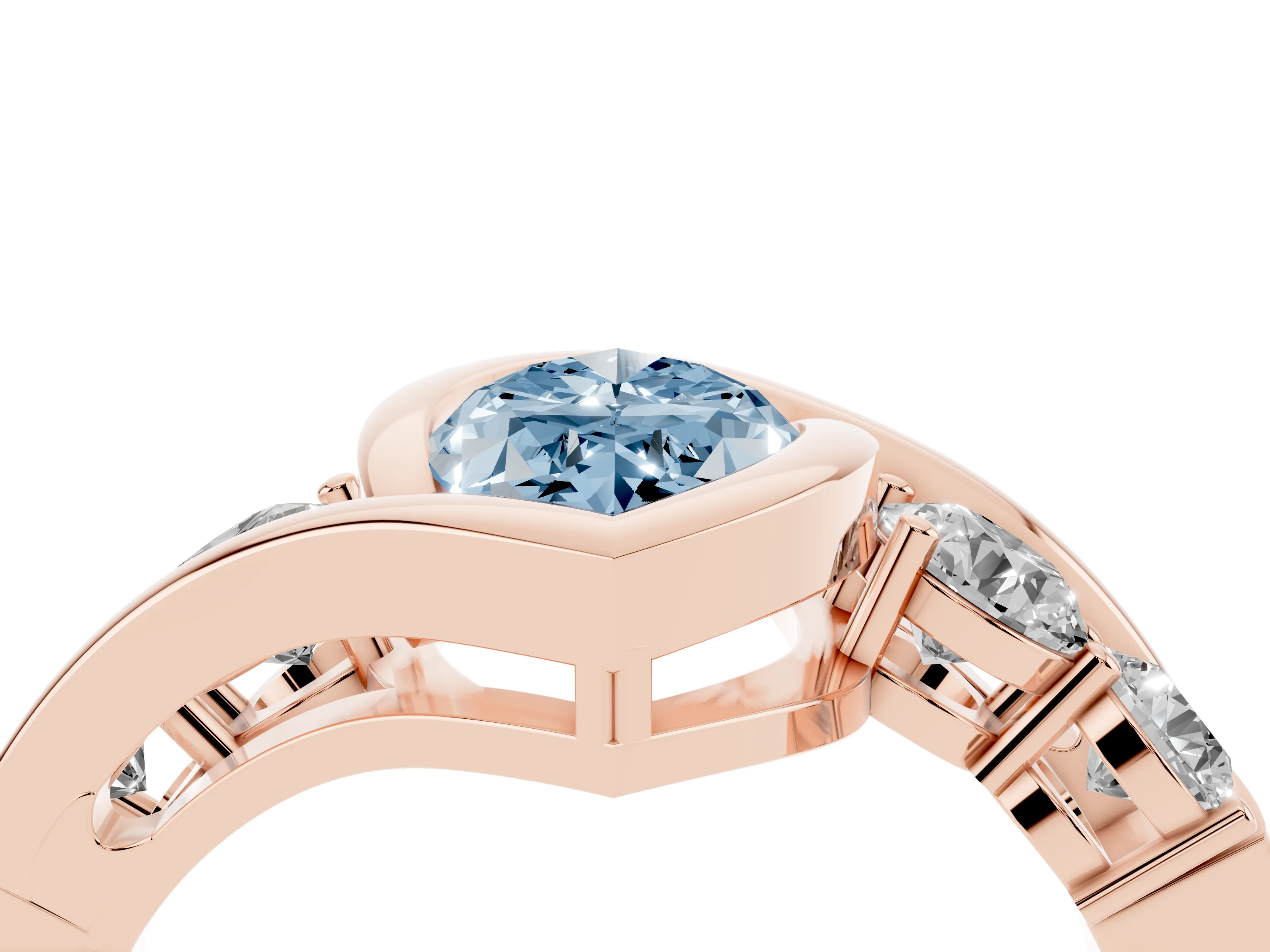 Fancy Blue Marquise Cut Diamond Bezel Bypass Ring Set in Rose gold with Round Accents