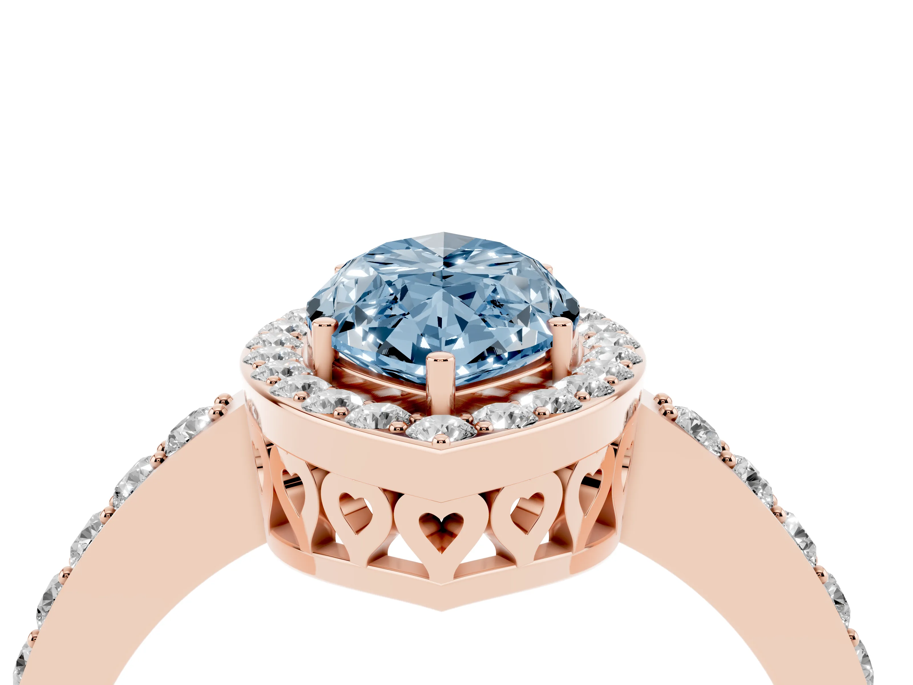 Fancy Blue Marquise Cut Diamond Halo Ring Set in Rose gold with Pavé-Setting Band and Open Prong Center