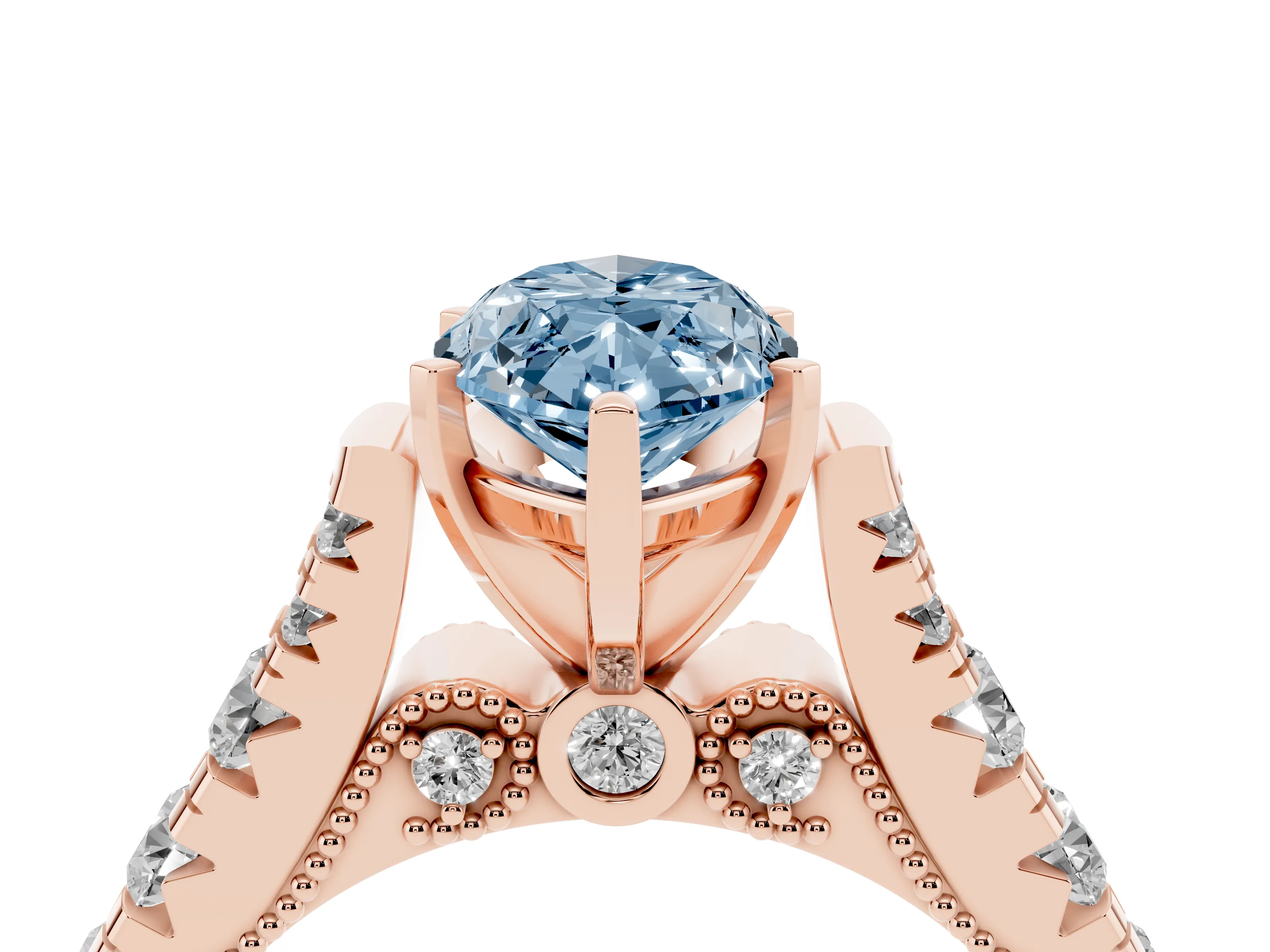 Fancy Blue Marquise Cut Diamond Classic Solitaire Ring Set in Rose gold with Pavé Band and Prong Setting