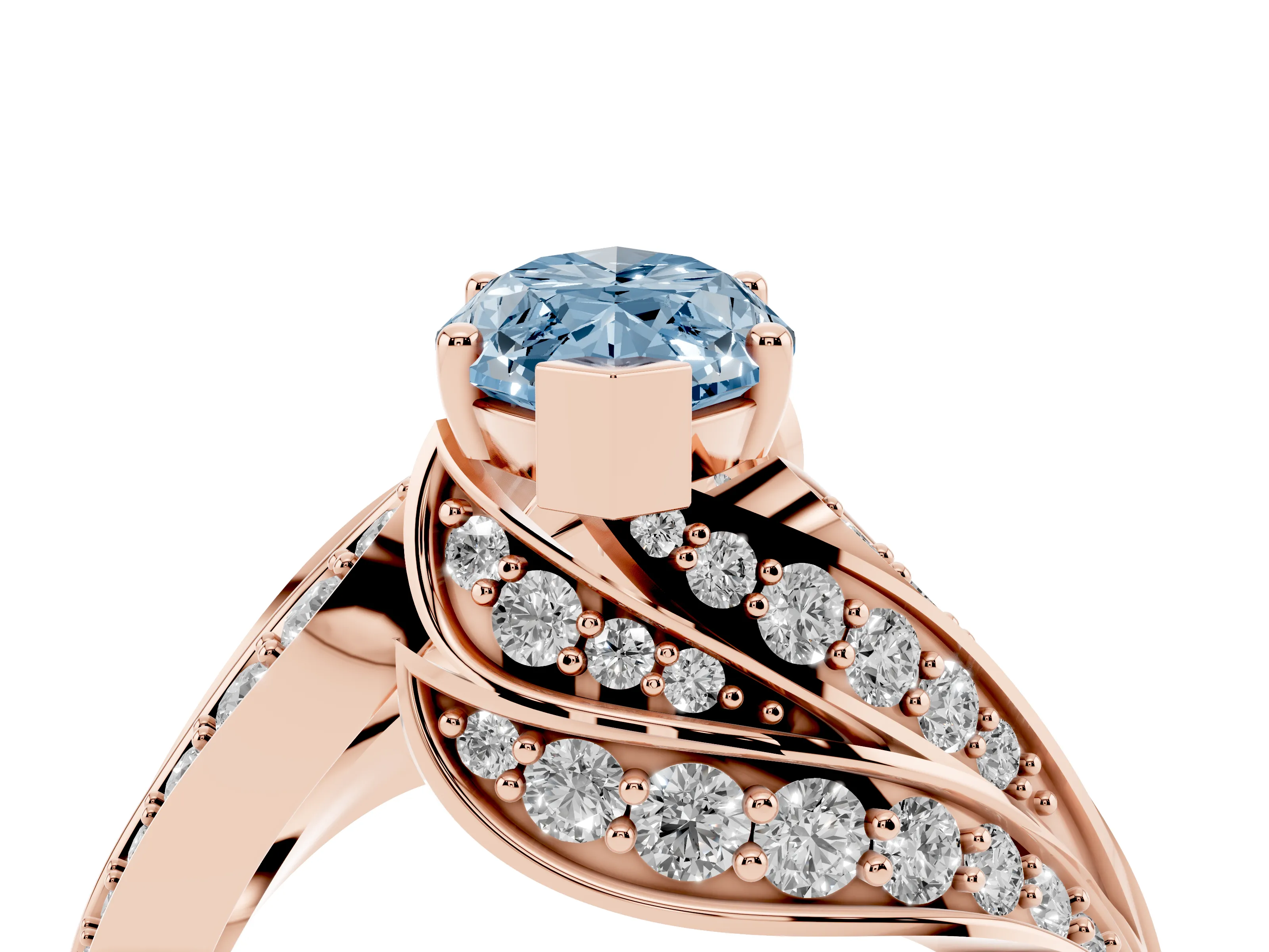 Fancy Blue Marquise Cut Diamond Solitaire Ring Set in Rose gold with Layered Twist Pavé Band