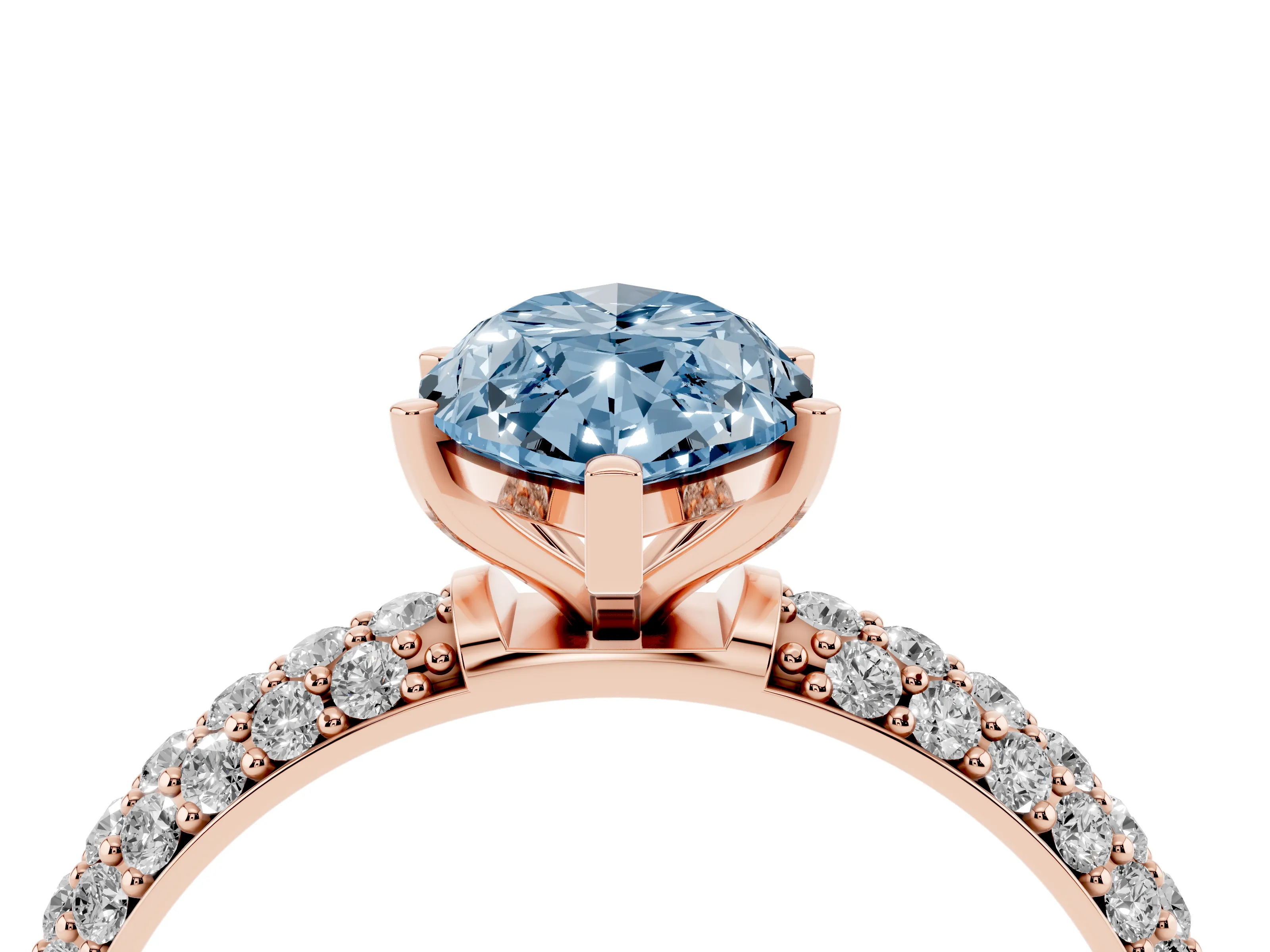 Fancy Blue Marquise Cut Diamond Solitaire Ring Set in Rose gold with Prong Setting and Pavé-Set Band