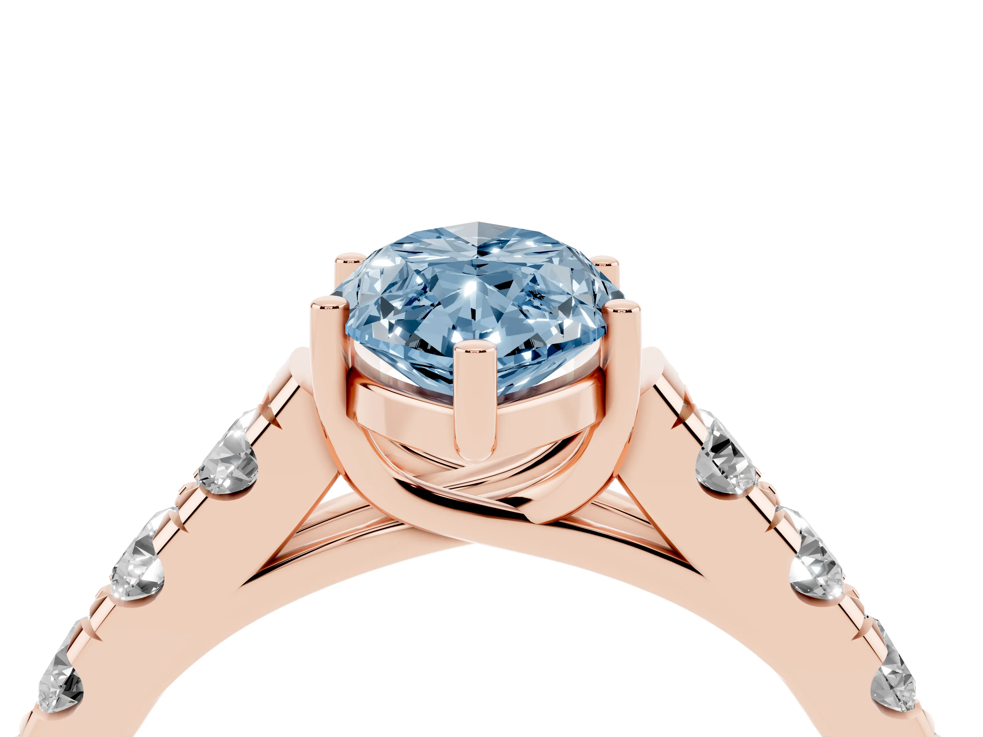 Fancy Blue Marquise Cut Diamond Solitaire Ring Set in Rose gold with Cut-Down Micro Pavé Band and Prong Setting