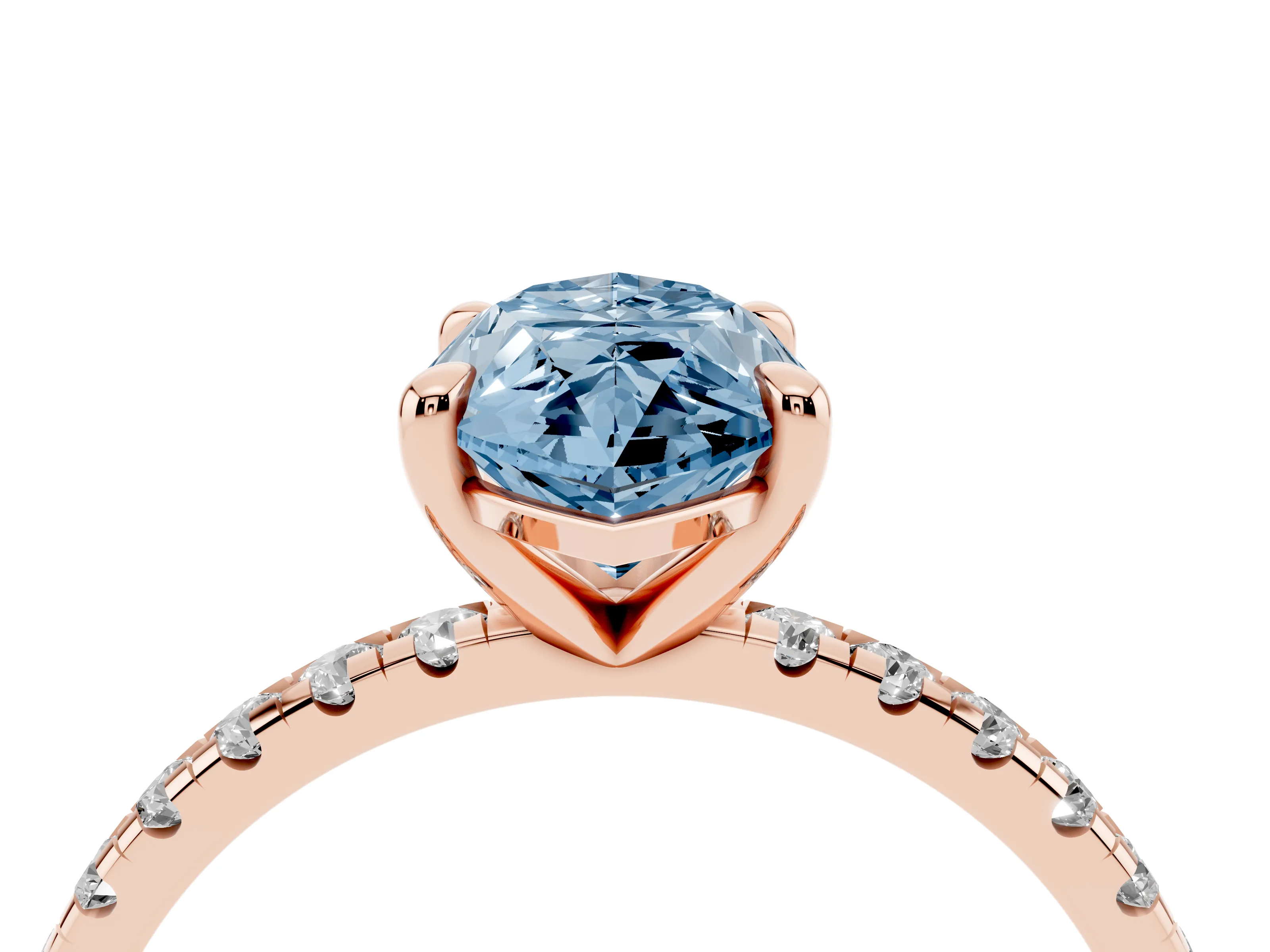 Fancy Blue Marquise Cut Diamond Brilliant Solitaire Ring Set in Rose gold with Pavé Band and Prong Setting