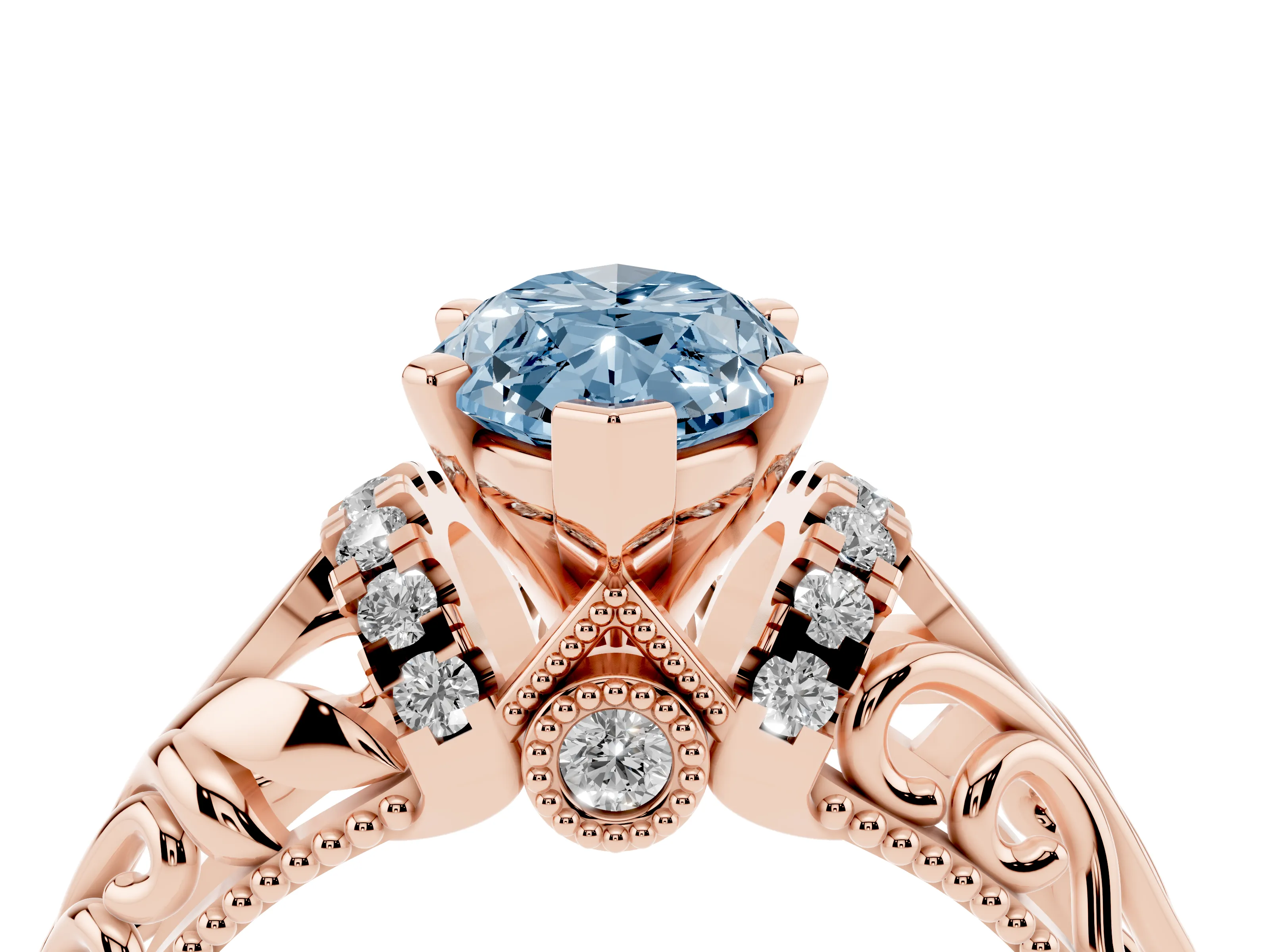 Fancy Blue Marquise Cut Diamond Filigree Halo Engagement Ring Set in Rose gold with Prong Setting