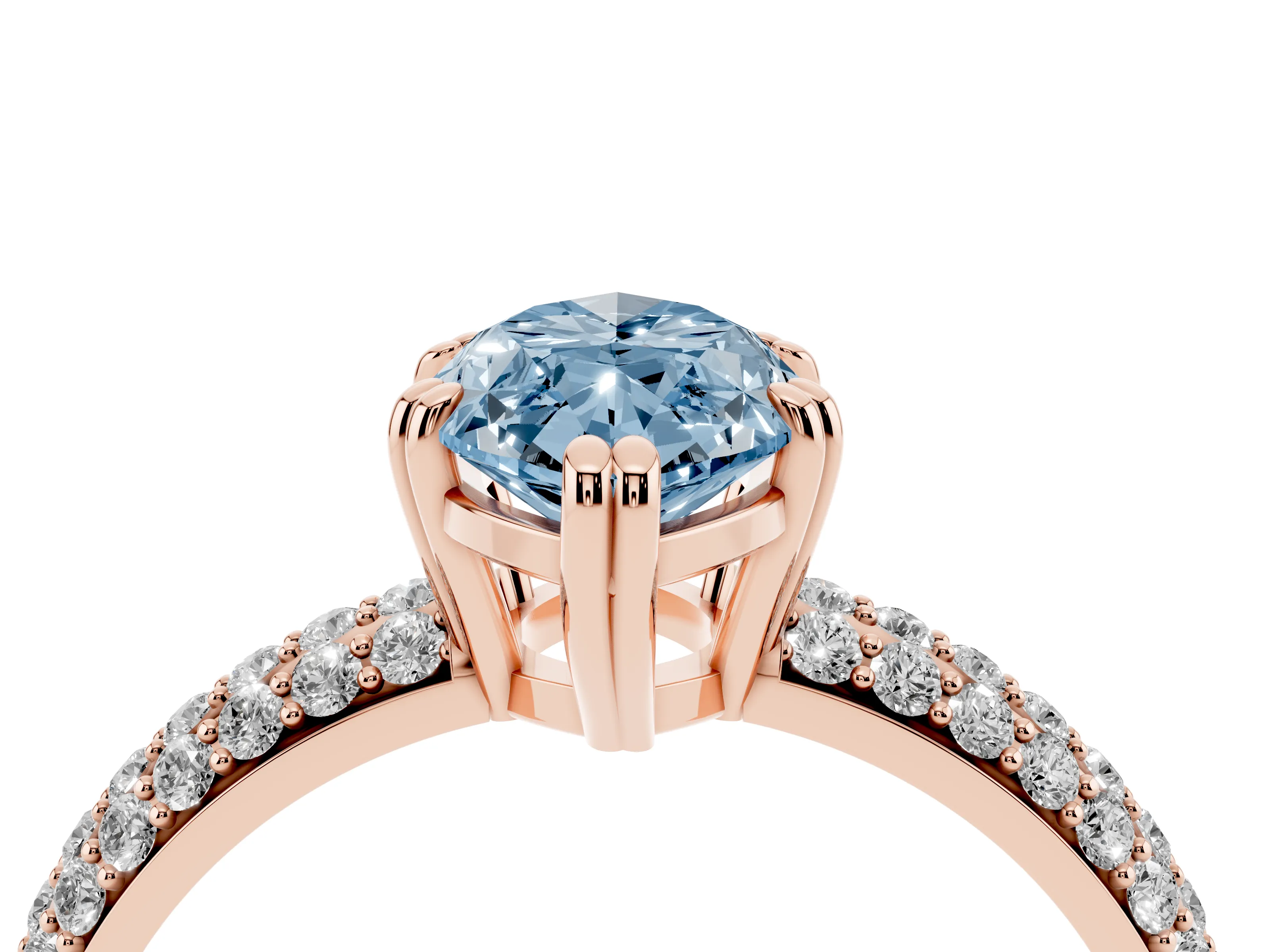 Fancy Blue Marquise Cut Diamond Solitaire Ring Set in Rose gold with Multi-Row Round Pavé Band and Prong Setting