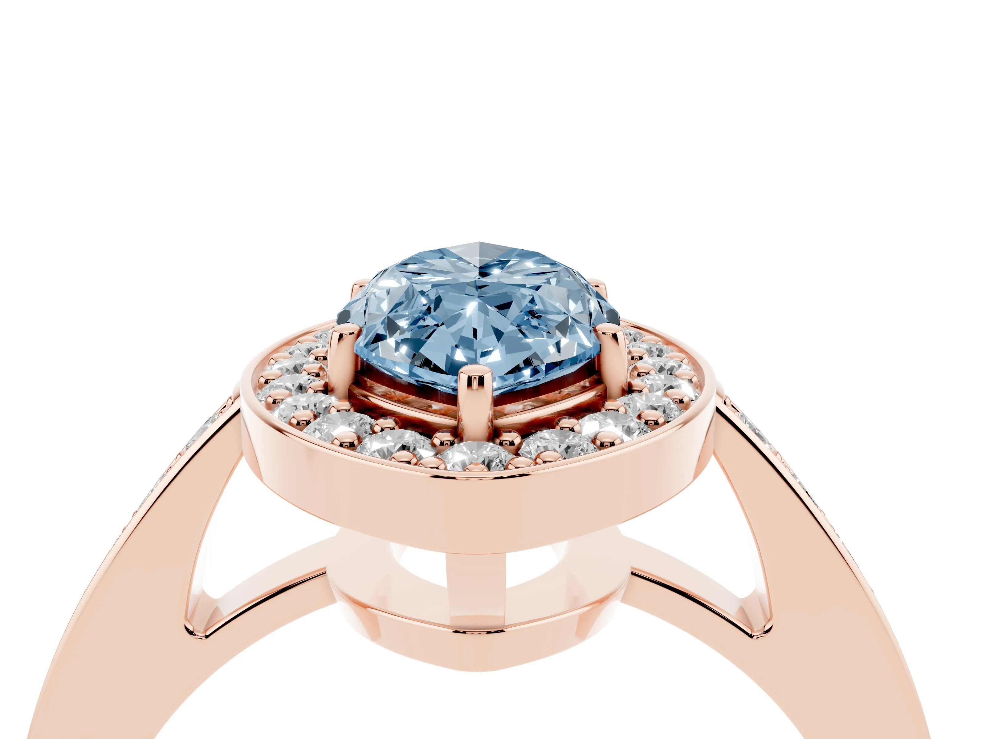 Fancy Blue Marquise Cut Diamond Halo Pavé Engagement Ring Set in Rose gold with Bezel Setting