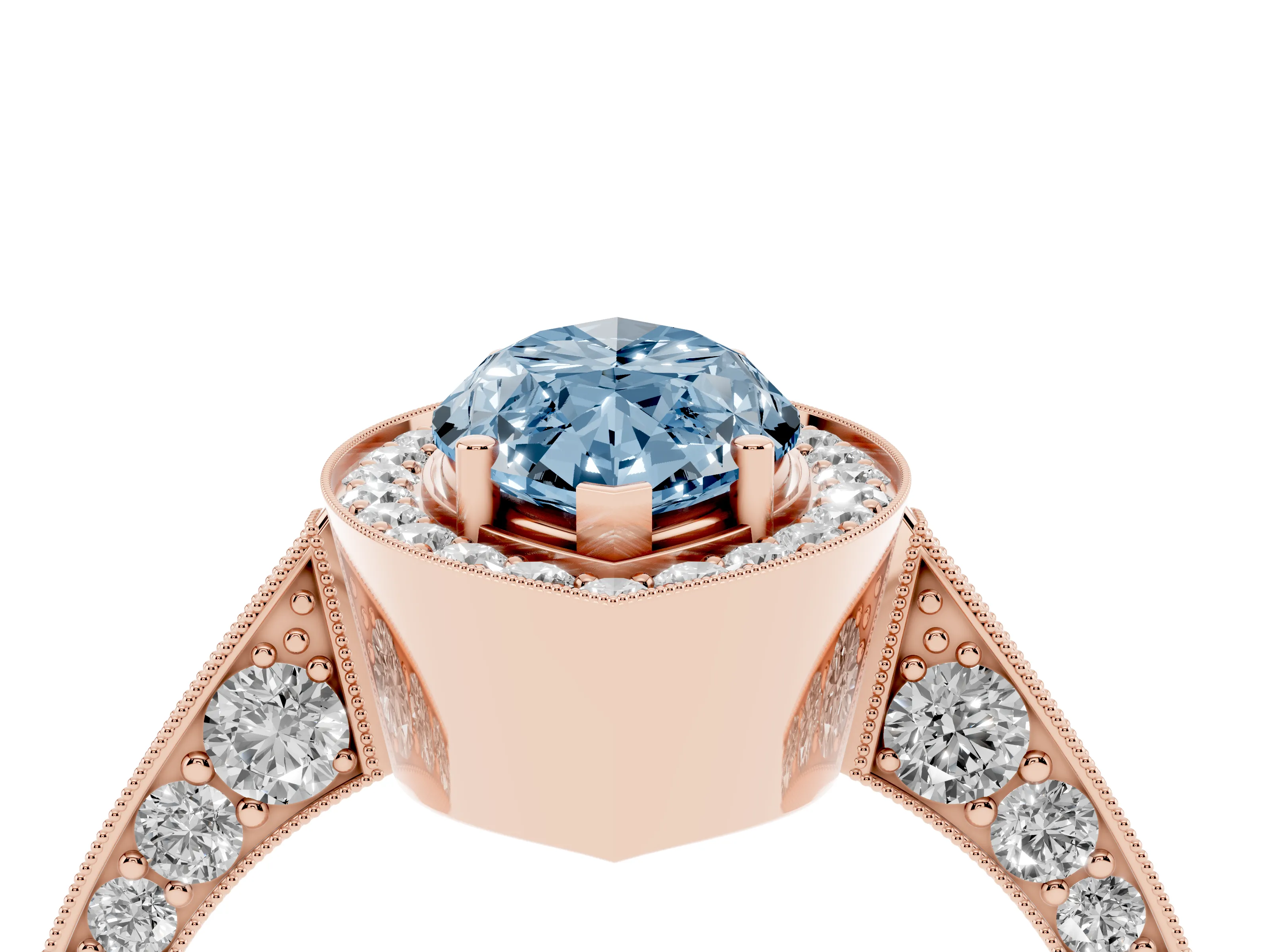 Fancy Blue Marquise Cut Diamond Halo Engagement Ring Set in Rose gold with Accent Split Shank Band