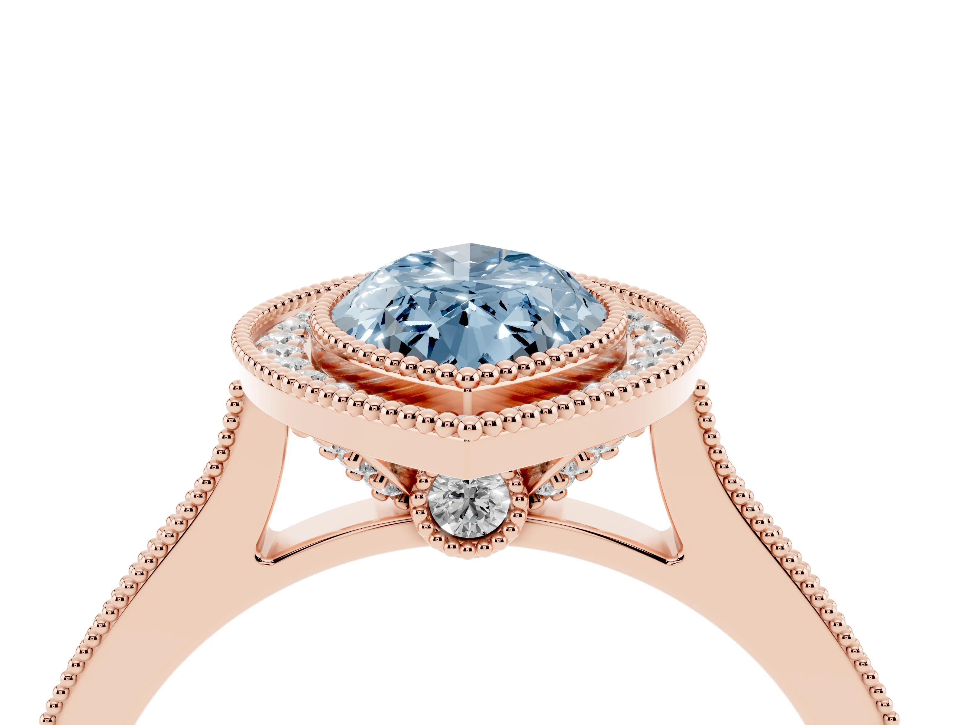 Fancy Blue Marquise Cut Diamond Halo Milgrain Pavé Band Ring Set in Rose gold with Prong Setting