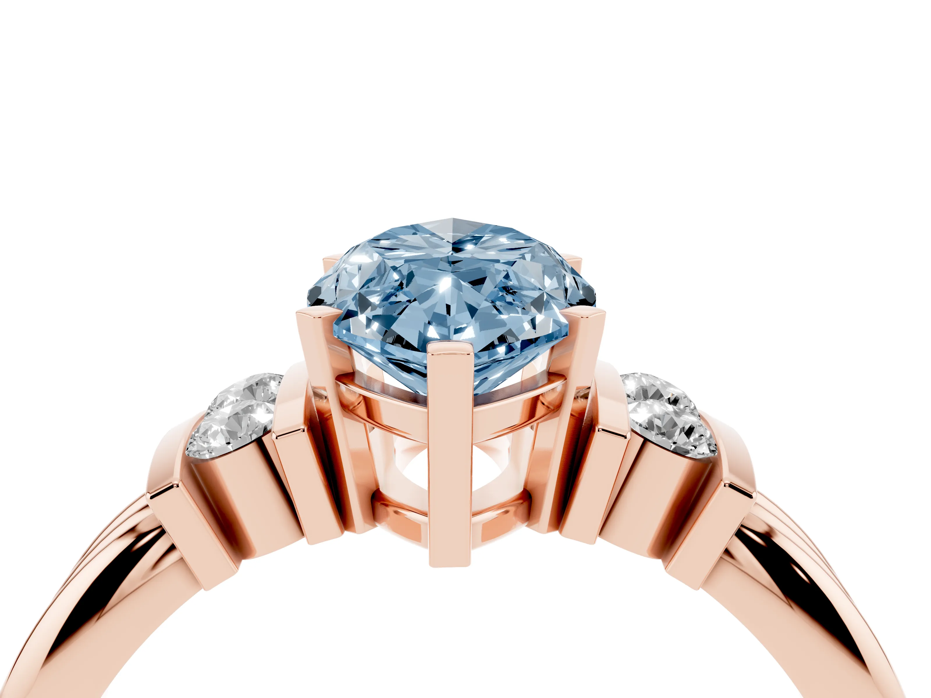 Fancy Blue Three-Stone Marquise Cut Diamond Channel Set Ring Set in Rose gold with Bar Prongs