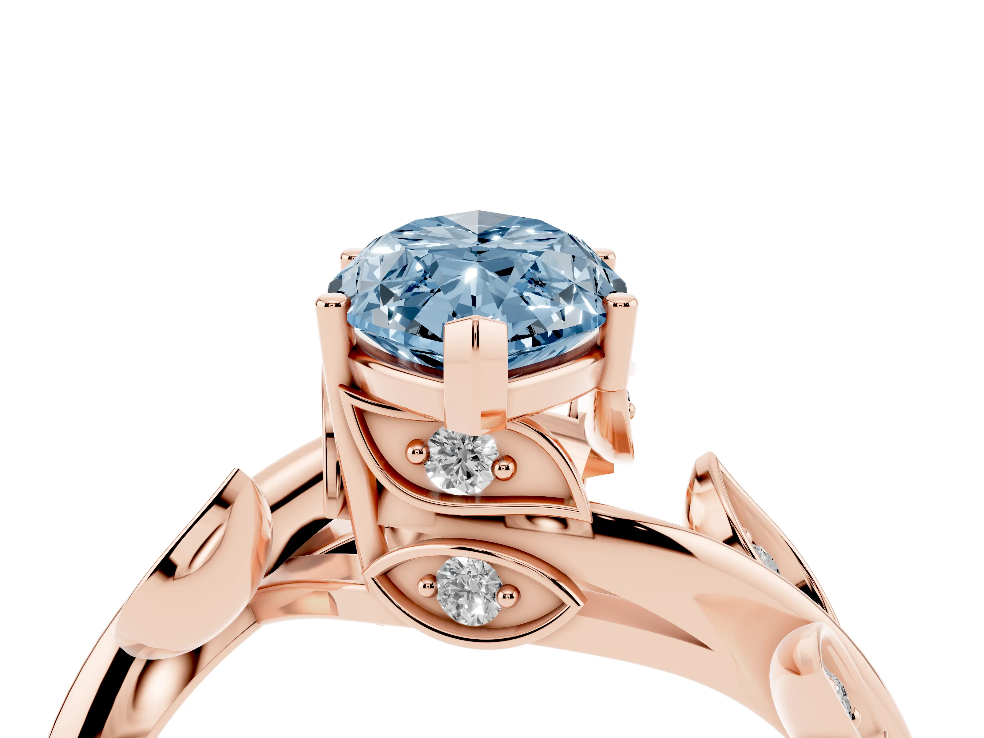 Fancy Blue Marquise Cut Diamond Solitaire Twist Engagement Ring Set in Rose gold with Pavé Leaf Accents