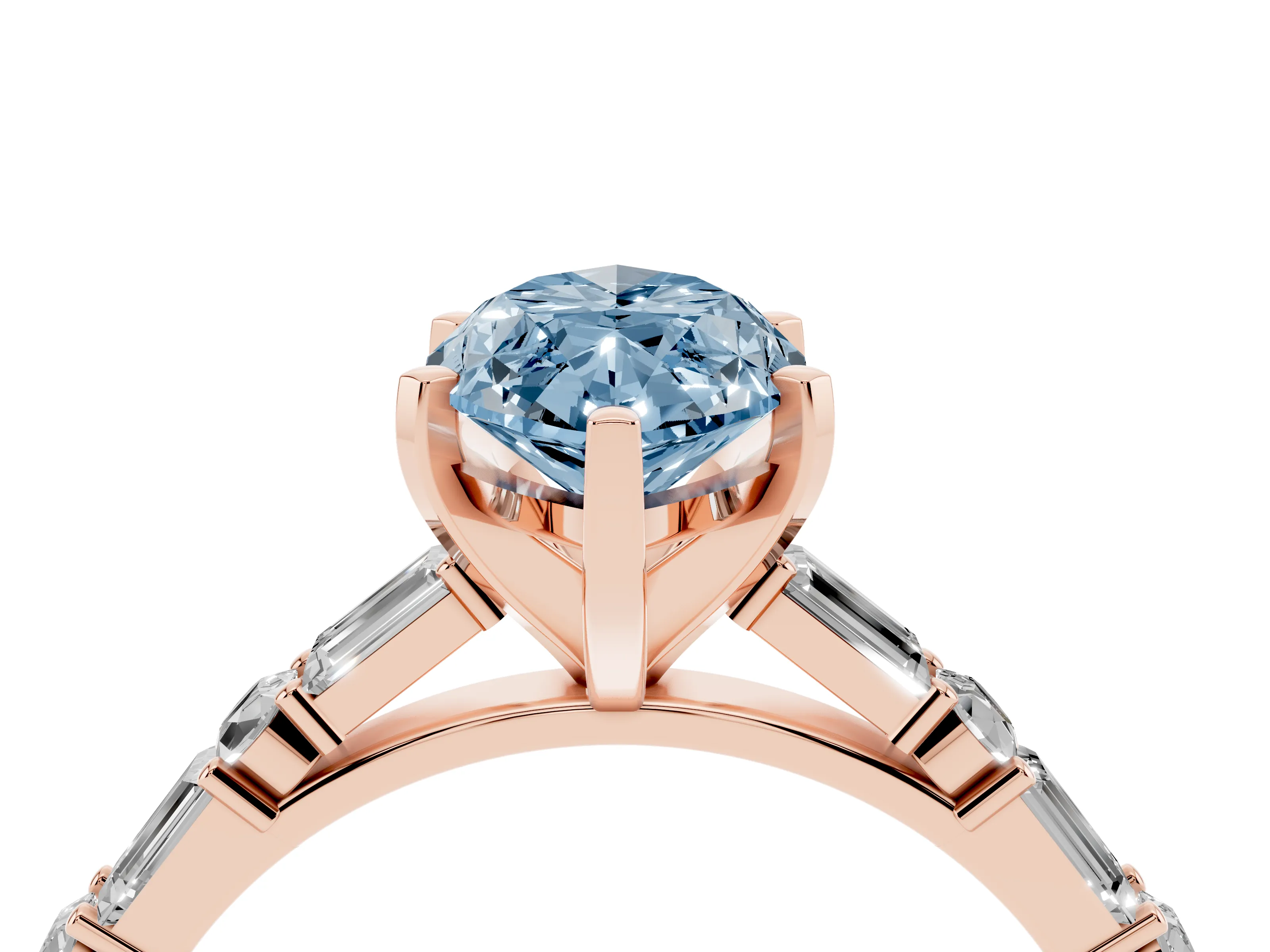 Fancy Blue Marquise Cut Diamond Solitaire Set in Rose gold with Side Baguettes and Channel Set Band