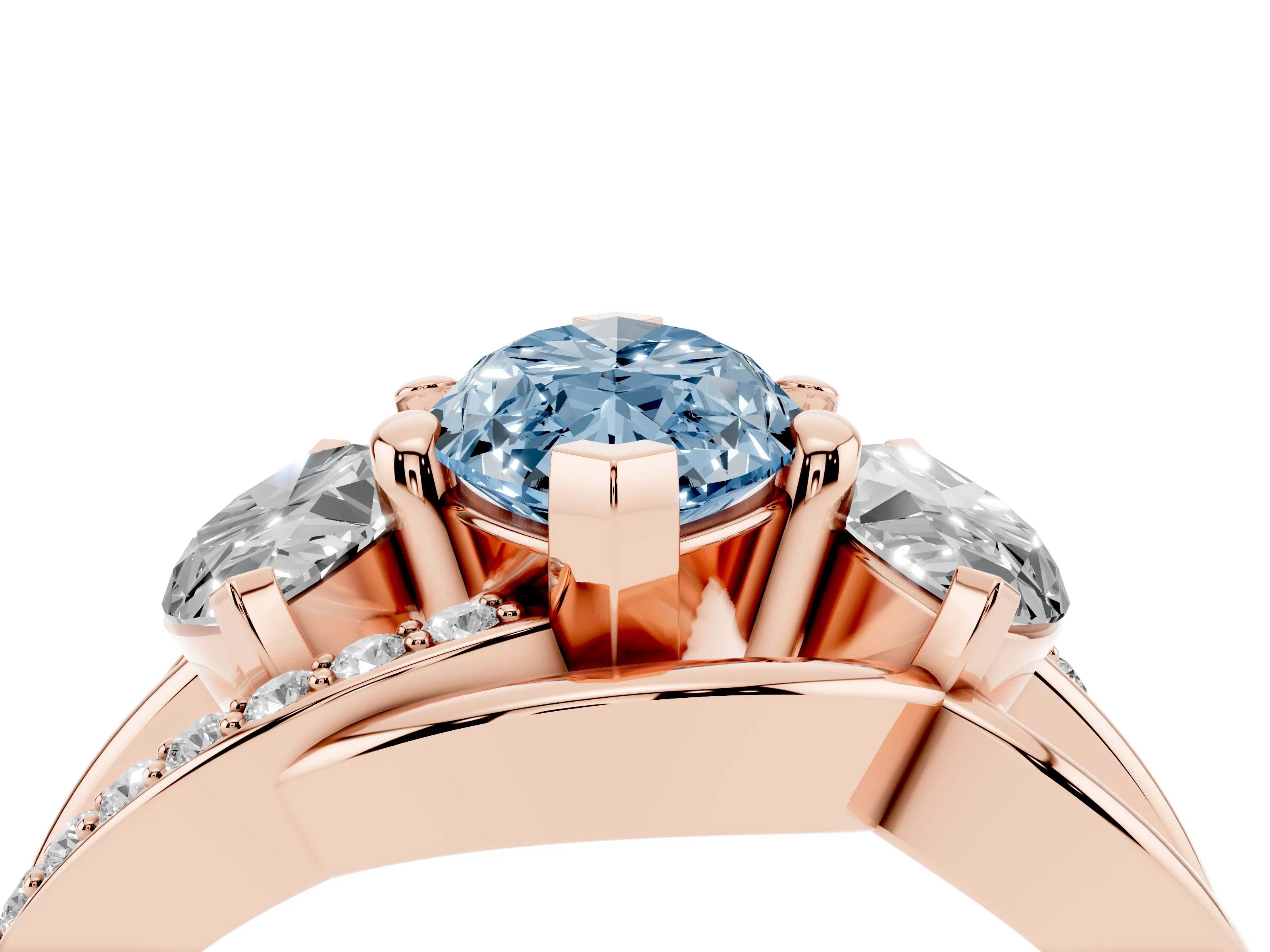 Fancy Blue Marquise Cut Diamond Three-Stone Ring Set in Rose gold with Split Shank and Prong Setting