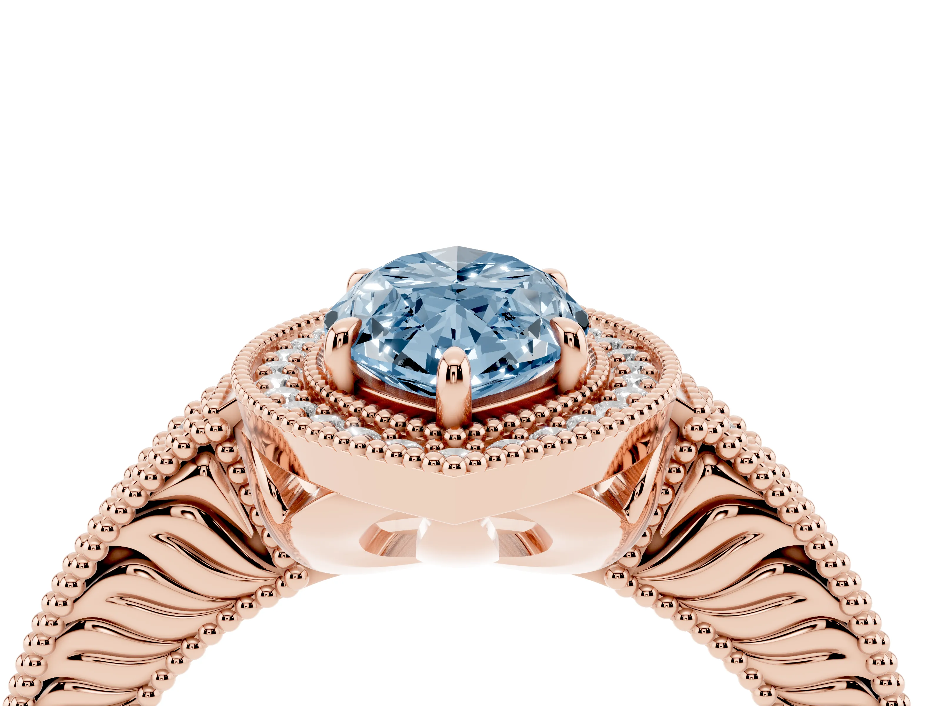 Fancy Blue Marquise Cut Diamond Halo Ring Set in Rose gold with Round Accent Halo, Pavé Band and Prong Setting