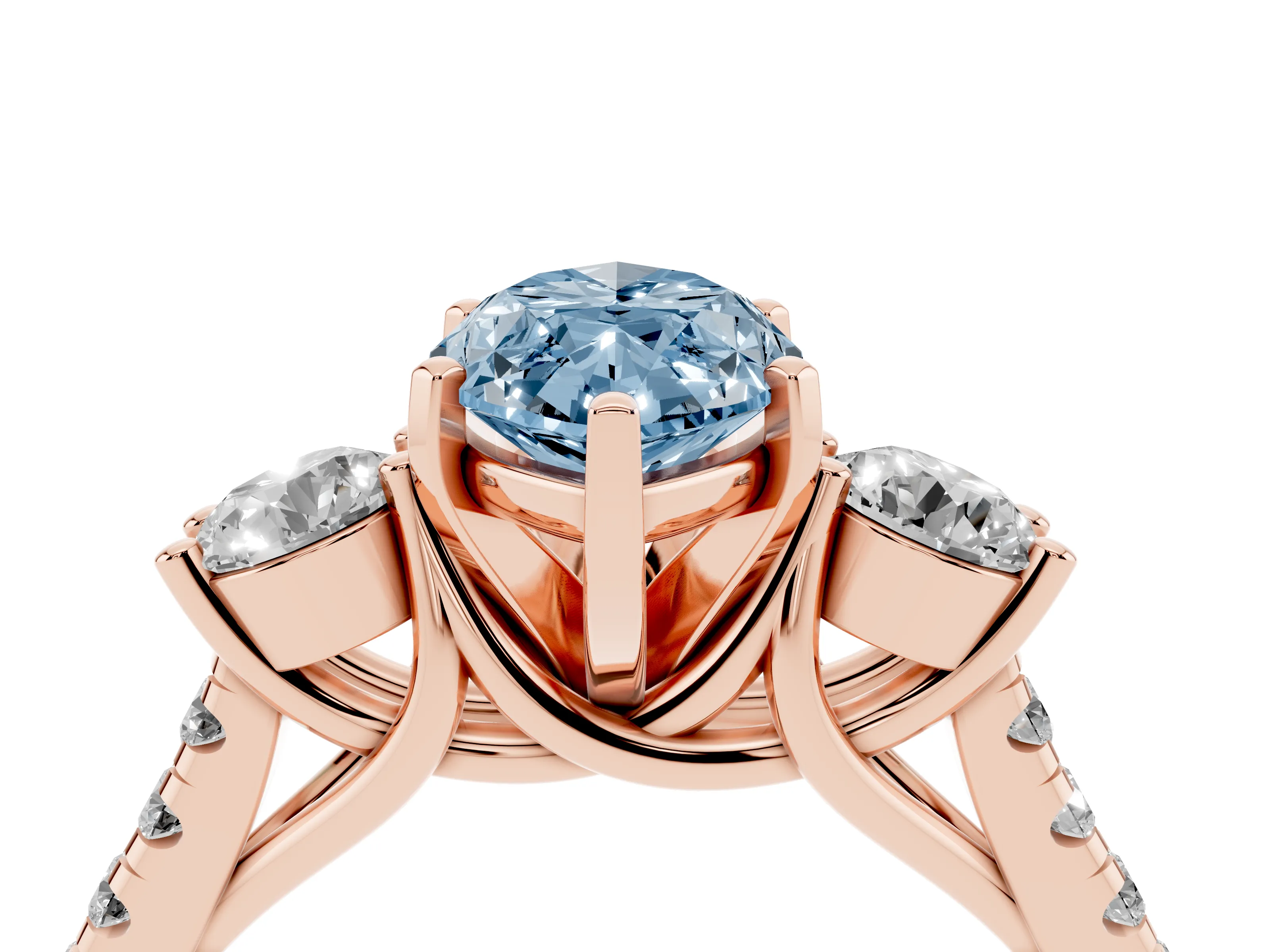 Fancy Blue Three-Stone Marquise Cut Diamond Pavé Band Ring Set in Rose gold with Prong-Set Trio