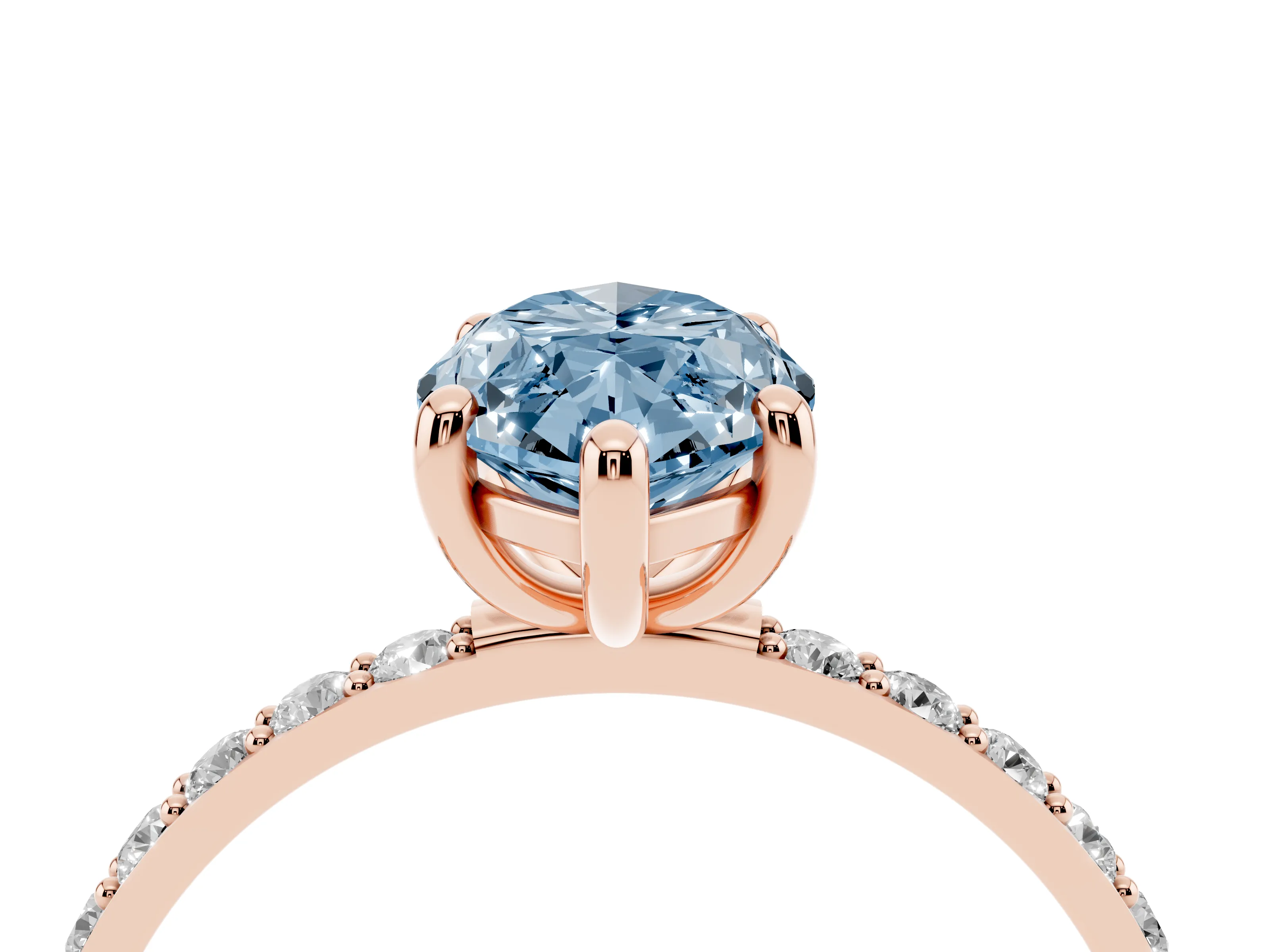 Fancy Blue Marquise Cut Diamond Solitaire Ring Set in Rose gold with Round Pavé Band and Prong Setting