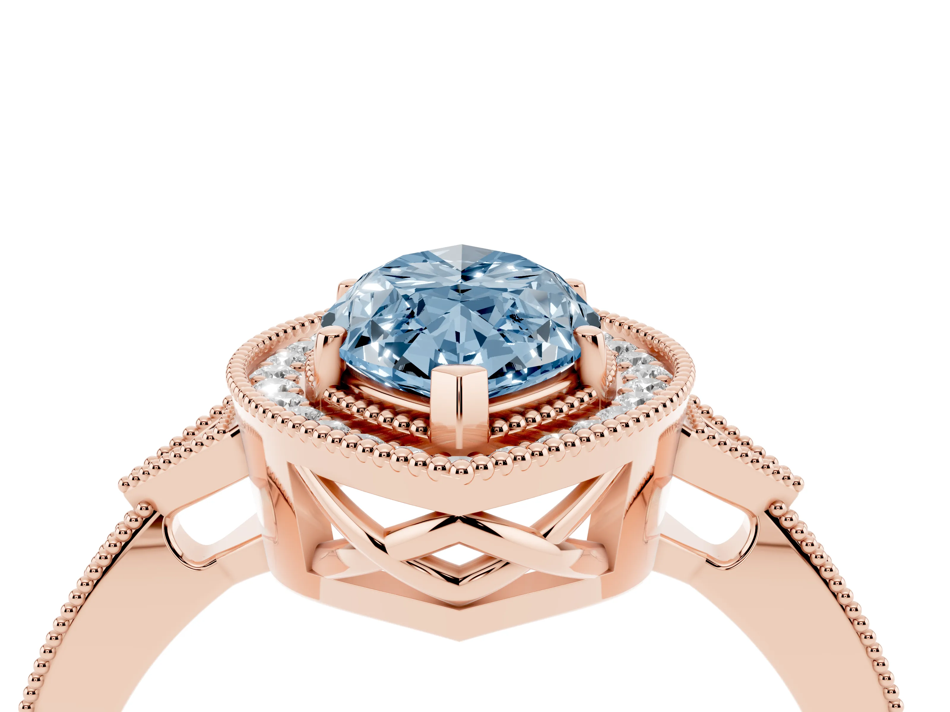 Fancy Blue Marquise Cut Diamond Halo Engagement Ring Set in Rose gold with Milgrain Pavé Band