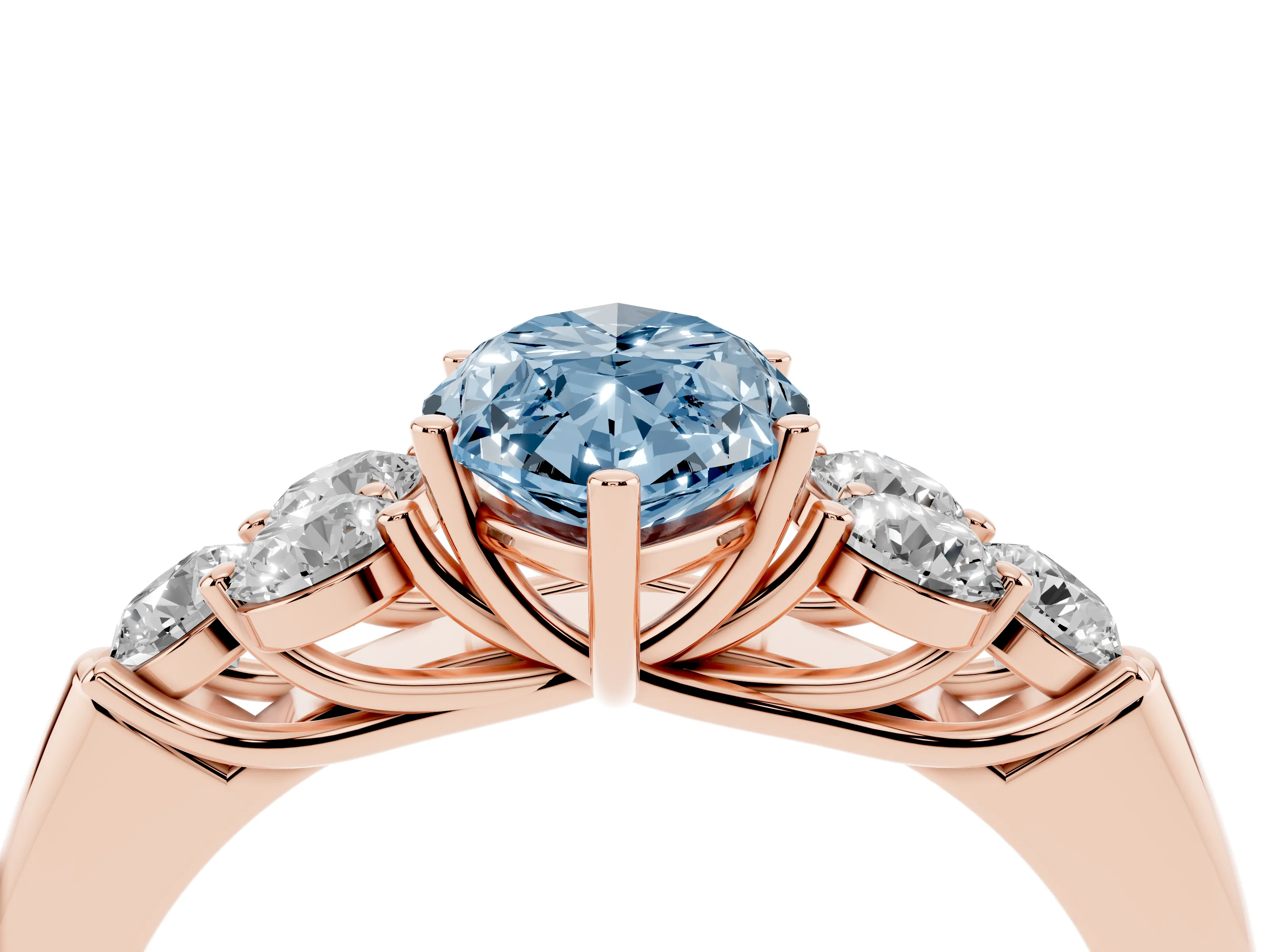 Fancy Blue Marquise Cut Diamond Cluster Ring Set in Rose gold with Round Accent Stones and Prong Setting on a Plain Band