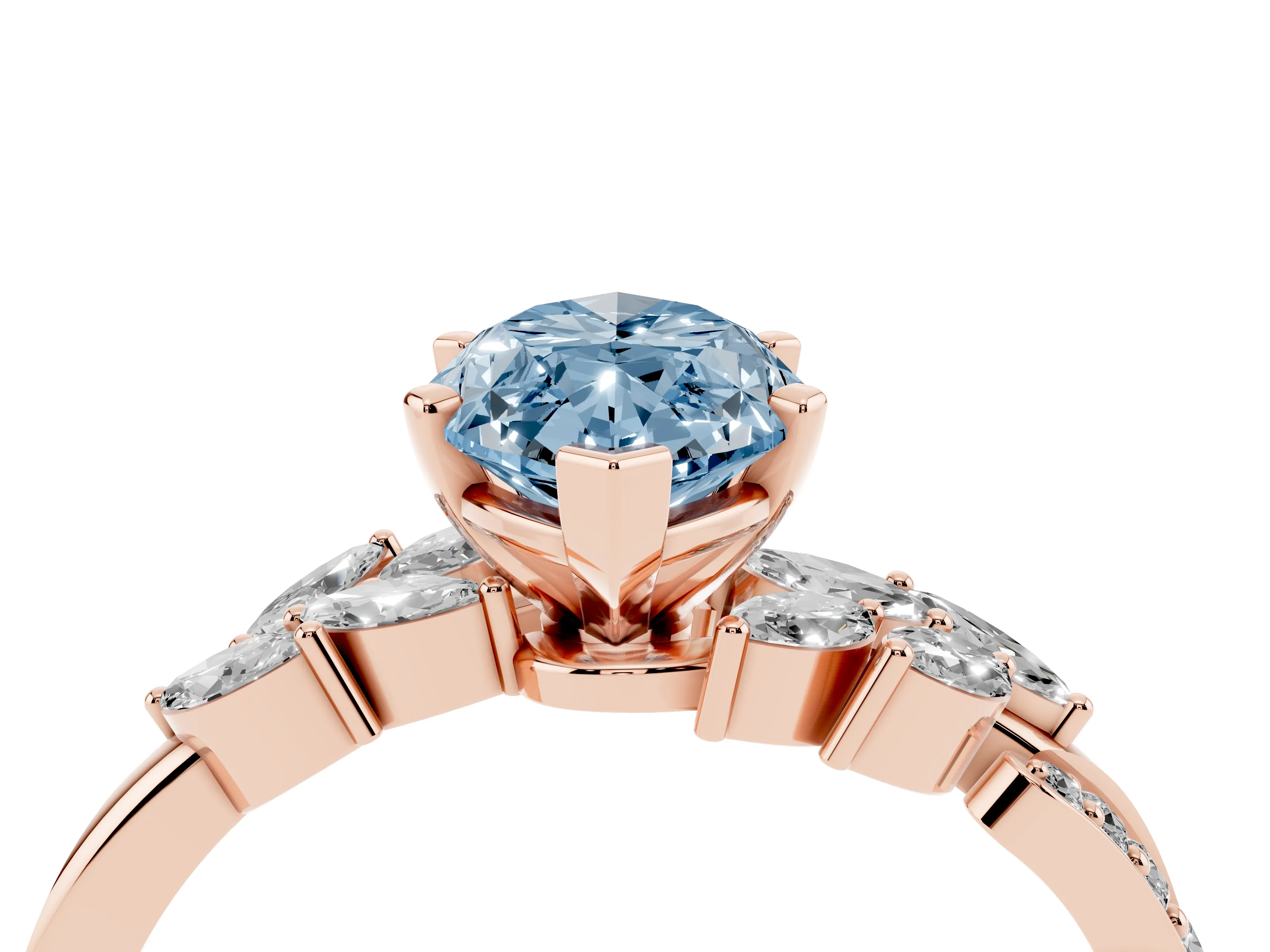 Fancy Blue Marquise Cut Diamond Solitaire Ring Set in Rose gold with Marquise Twist Band and Prong Setting
