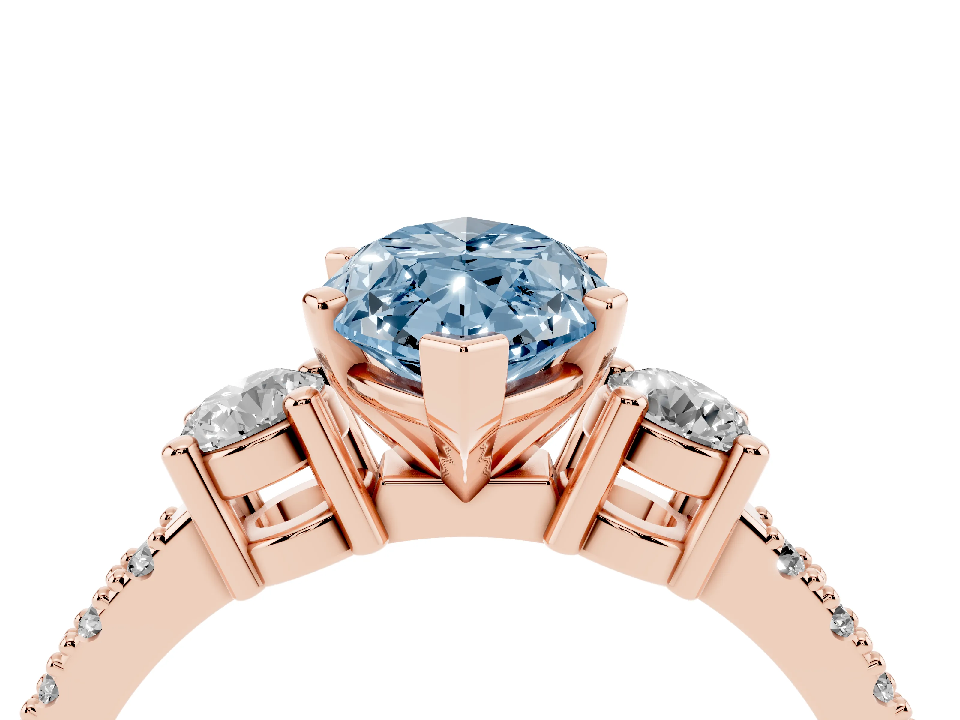 Fancy Blue Three-Stone Marquise Cut Diamond Pavé Band Ring Set in Rose gold with Prong Setting