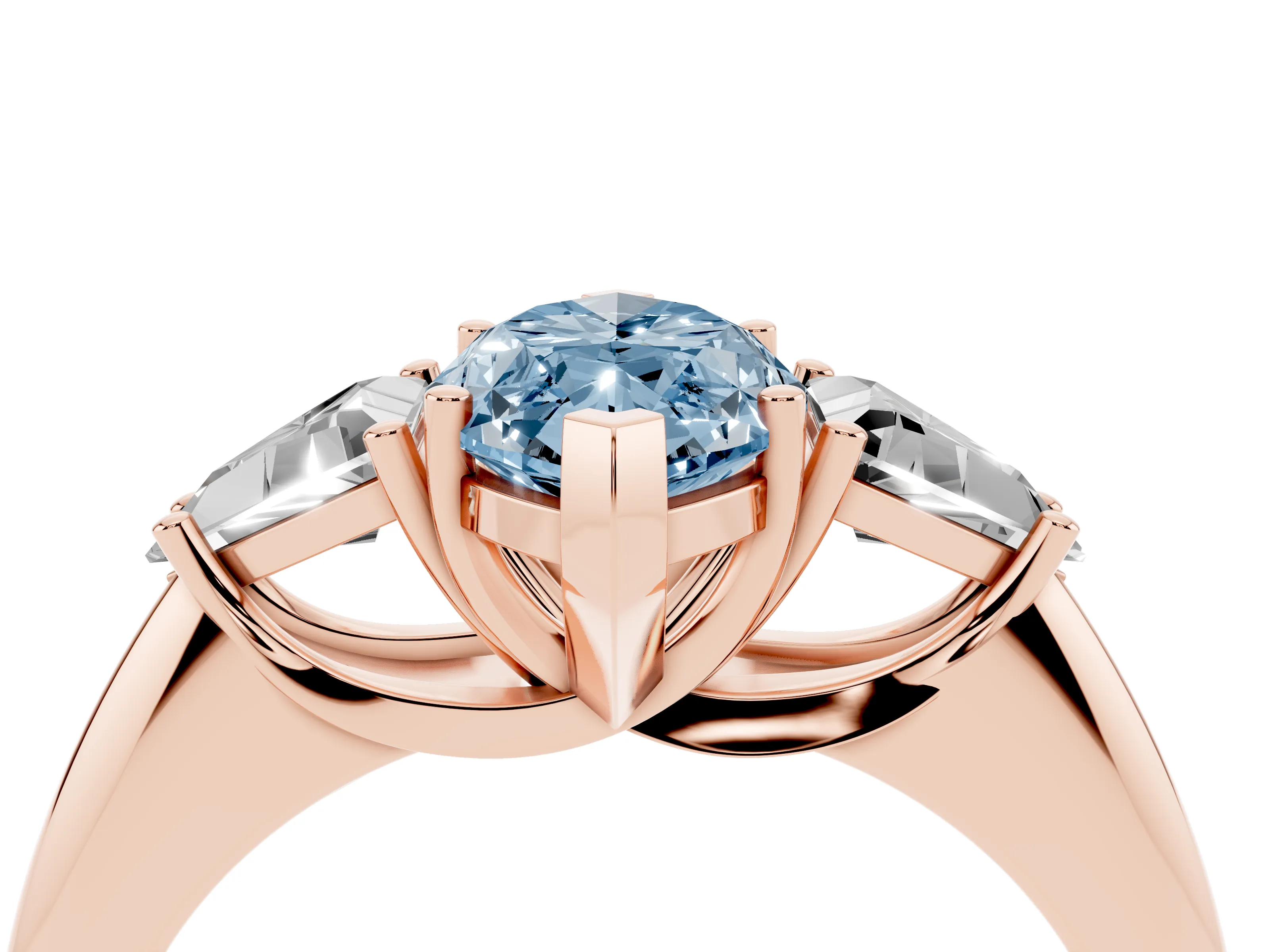Fancy Blue Marquise Cut Diamond Three-Stone Engagement Ring Set in Rose gold with Trillion Side Stones