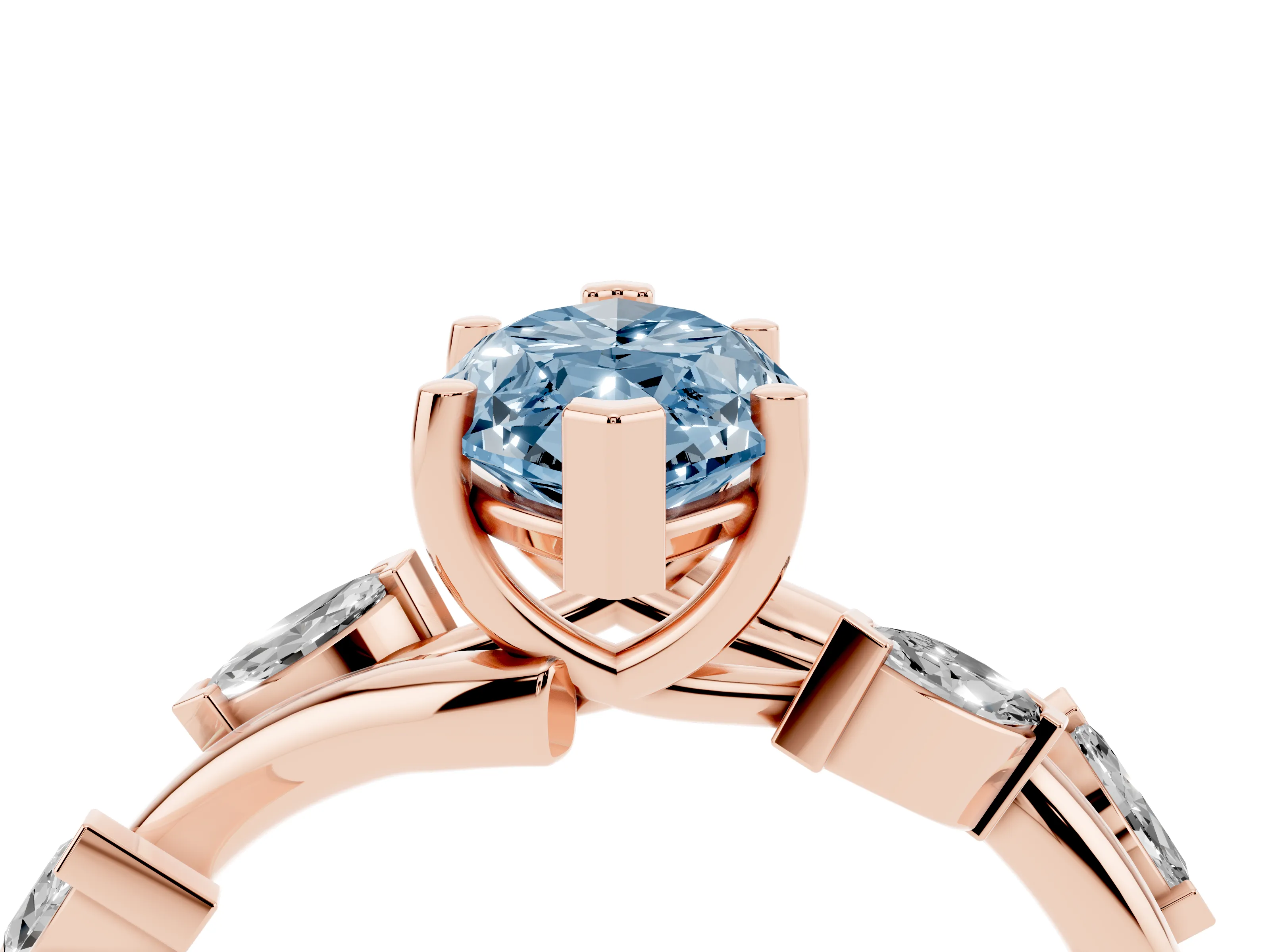 Fancy Blue Marquise Cut Diamond Solitaire Ring Set in Rose gold with Twisted Marquise Accent Band