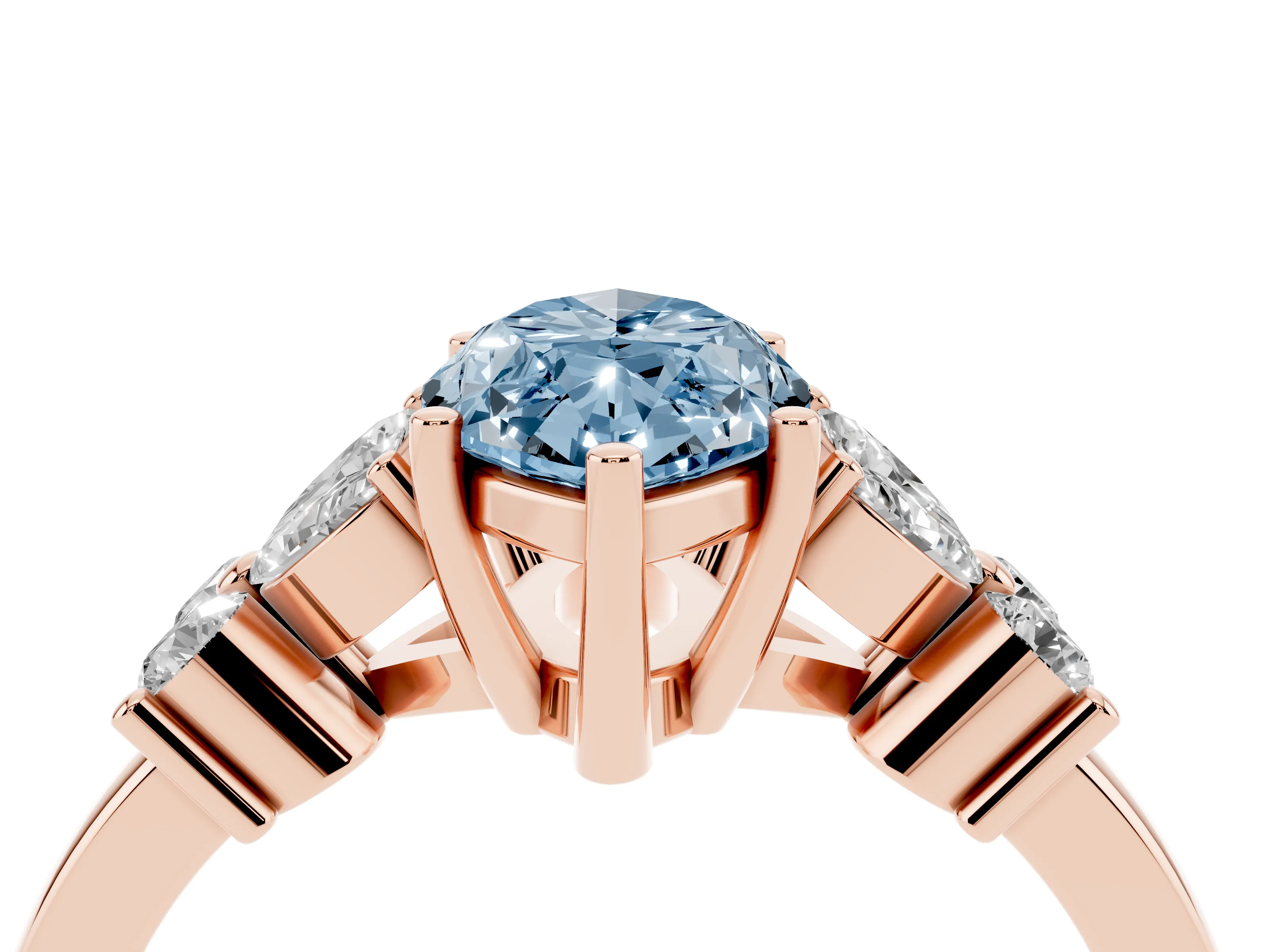Fancy Blue Marquise Cut Diamond Floral Cluster Ring Set in Rose gold with Marquise Petals and Prong Setting