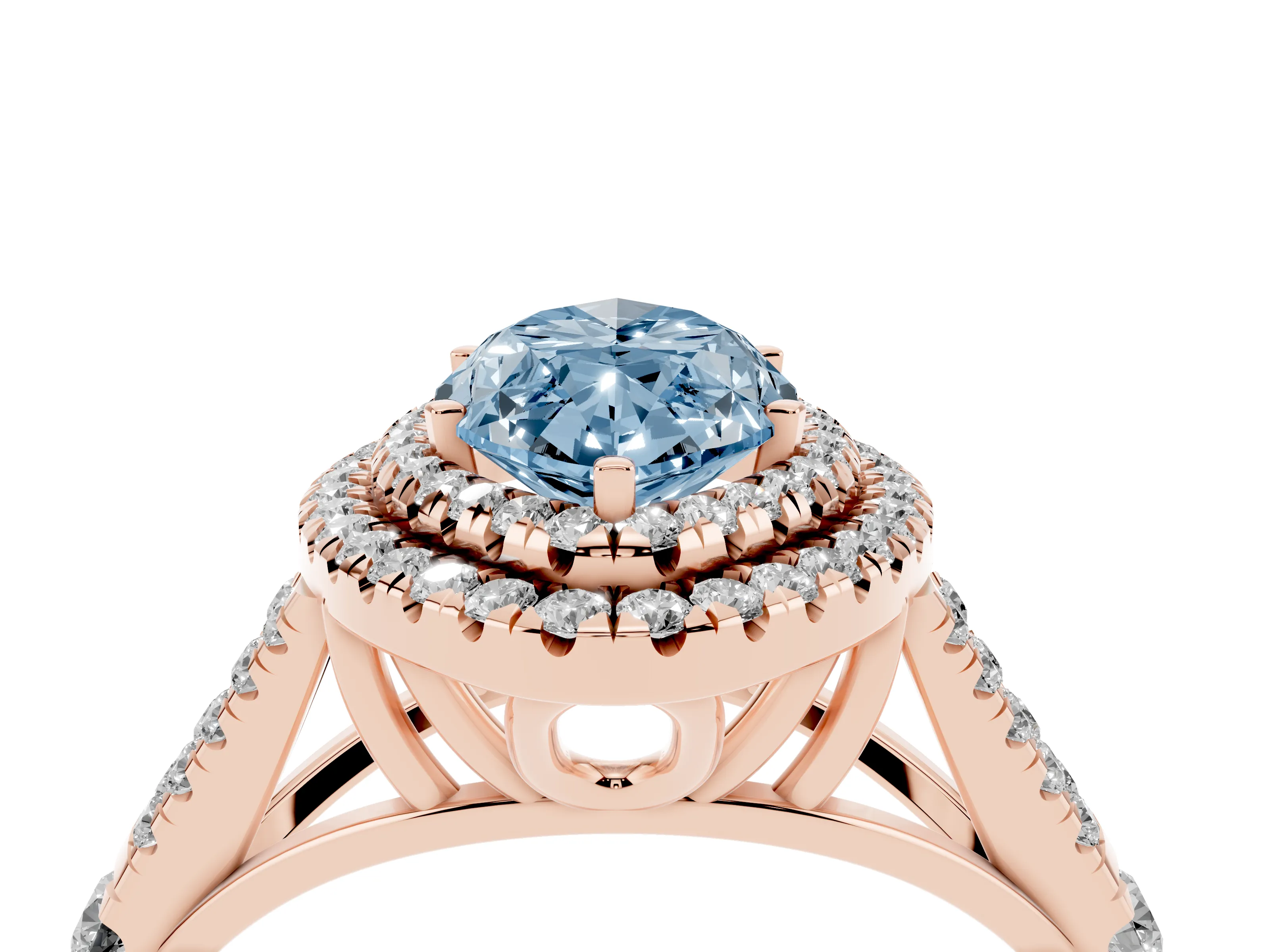 Fancy Blue Marquise Cut Diamond Pavé Split Shank Double Halo Engagement Ring Set in Rose gold