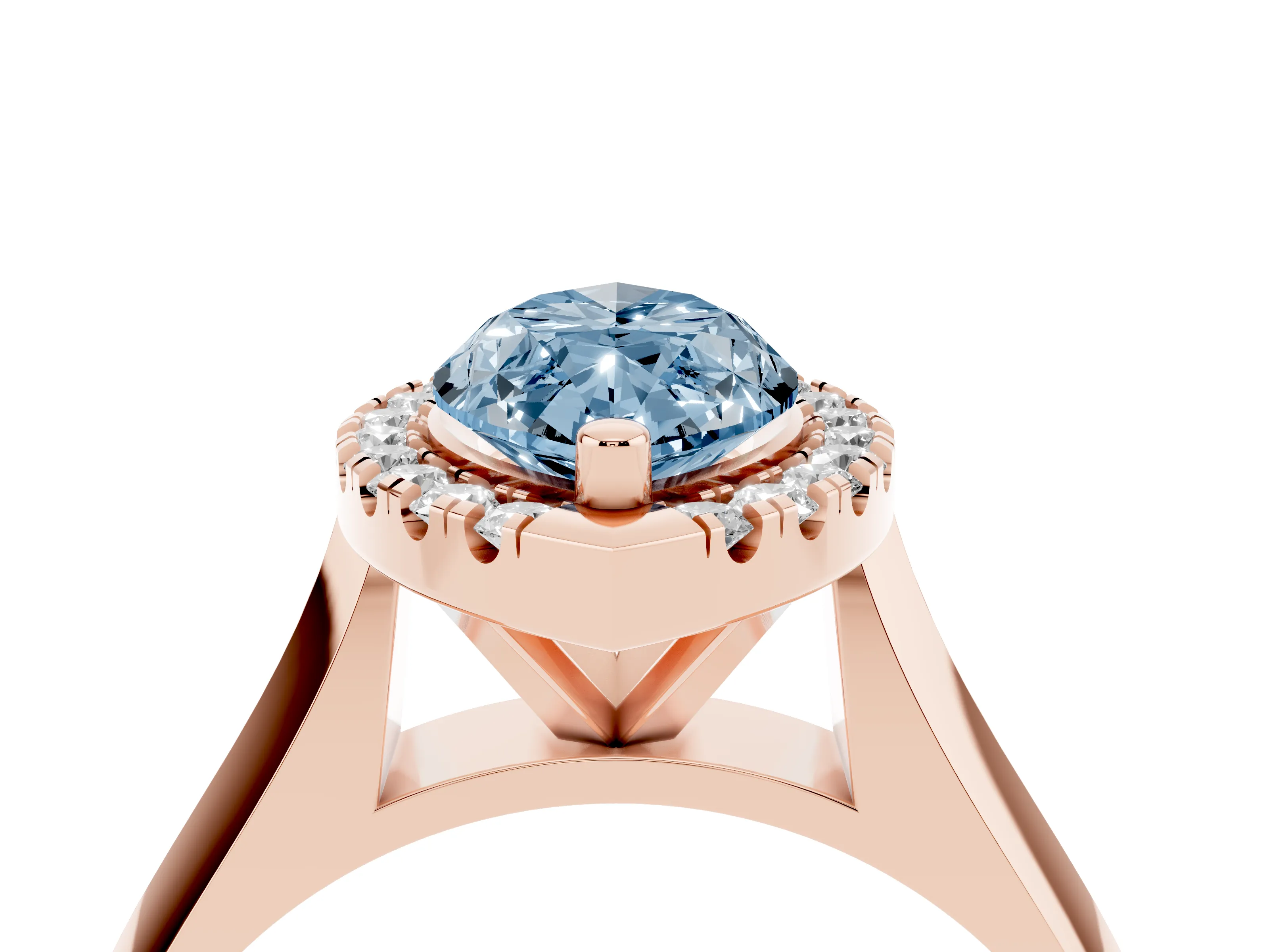 Fancy Blue Marquise Cut Diamond Halo Solitaire Engagement Ring Set in Rose gold with Square Band and Prong Setting