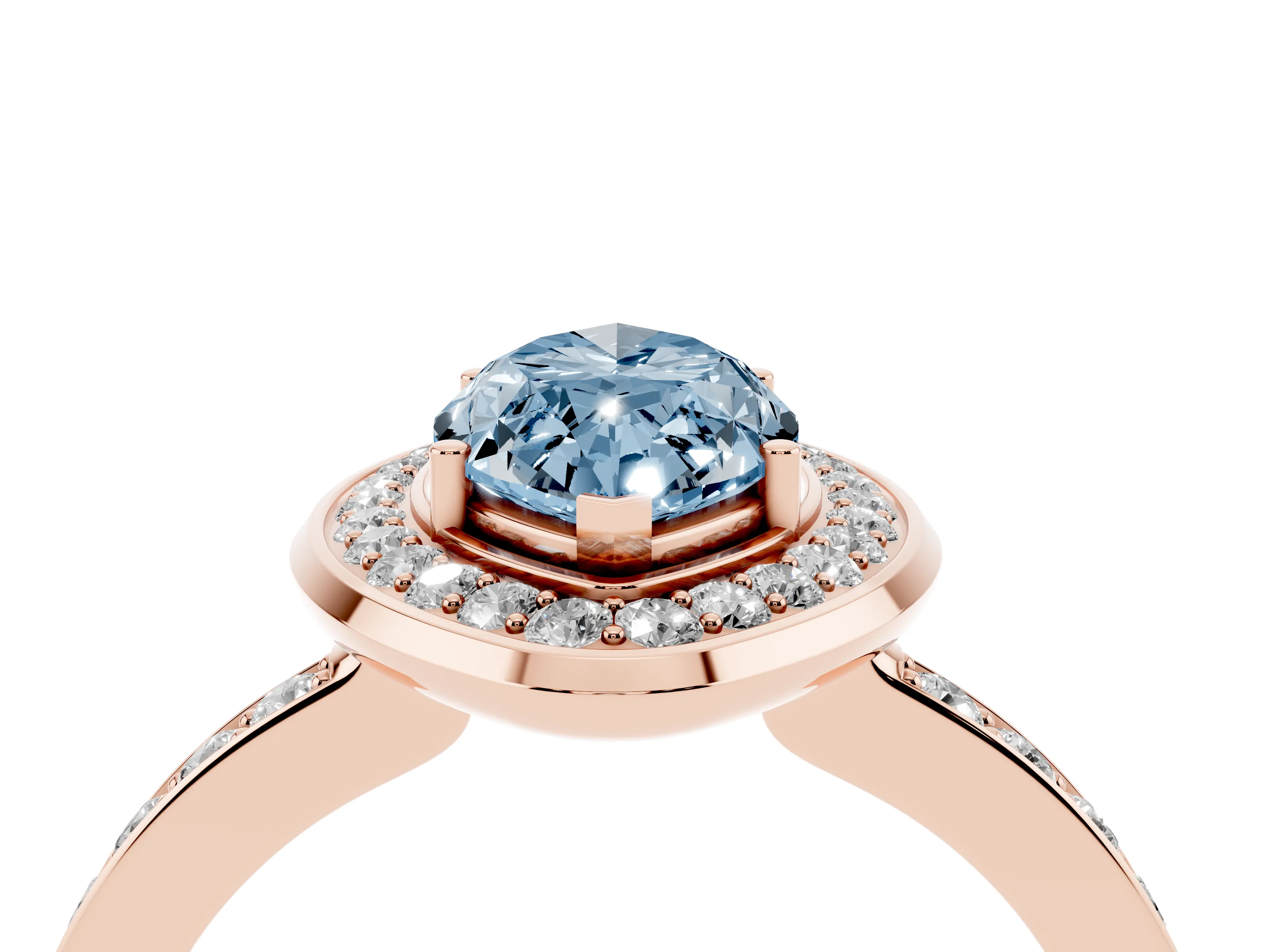 Fancy Blue Marquise Cut Diamond Halo Ring Set in Rose gold with Bezel Frame and Pavé Band