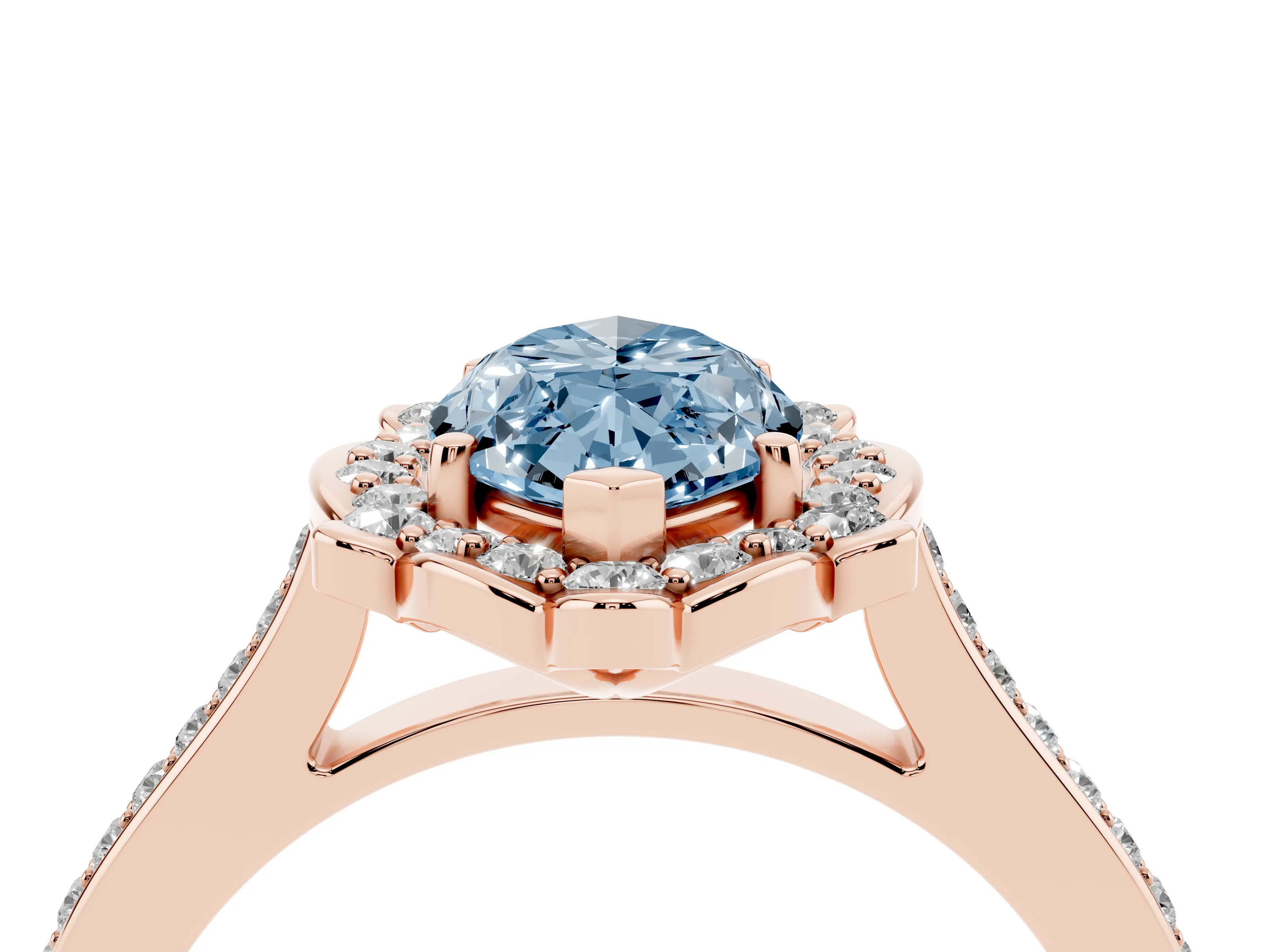Fancy Blue Marquise Cut Diamond Halo Ring Set in Rose gold with Pavé-Lined Shoulders and Prong Setting