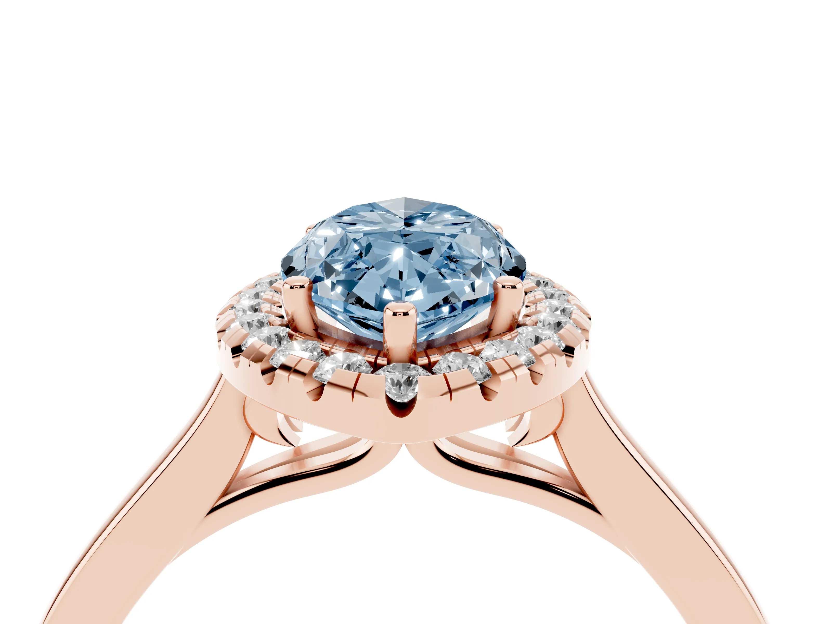 Fancy Blue Marquise Cut Halo Round Diamond Solitaire Ring Set in Rose gold with Pavé Band and Prong Setting