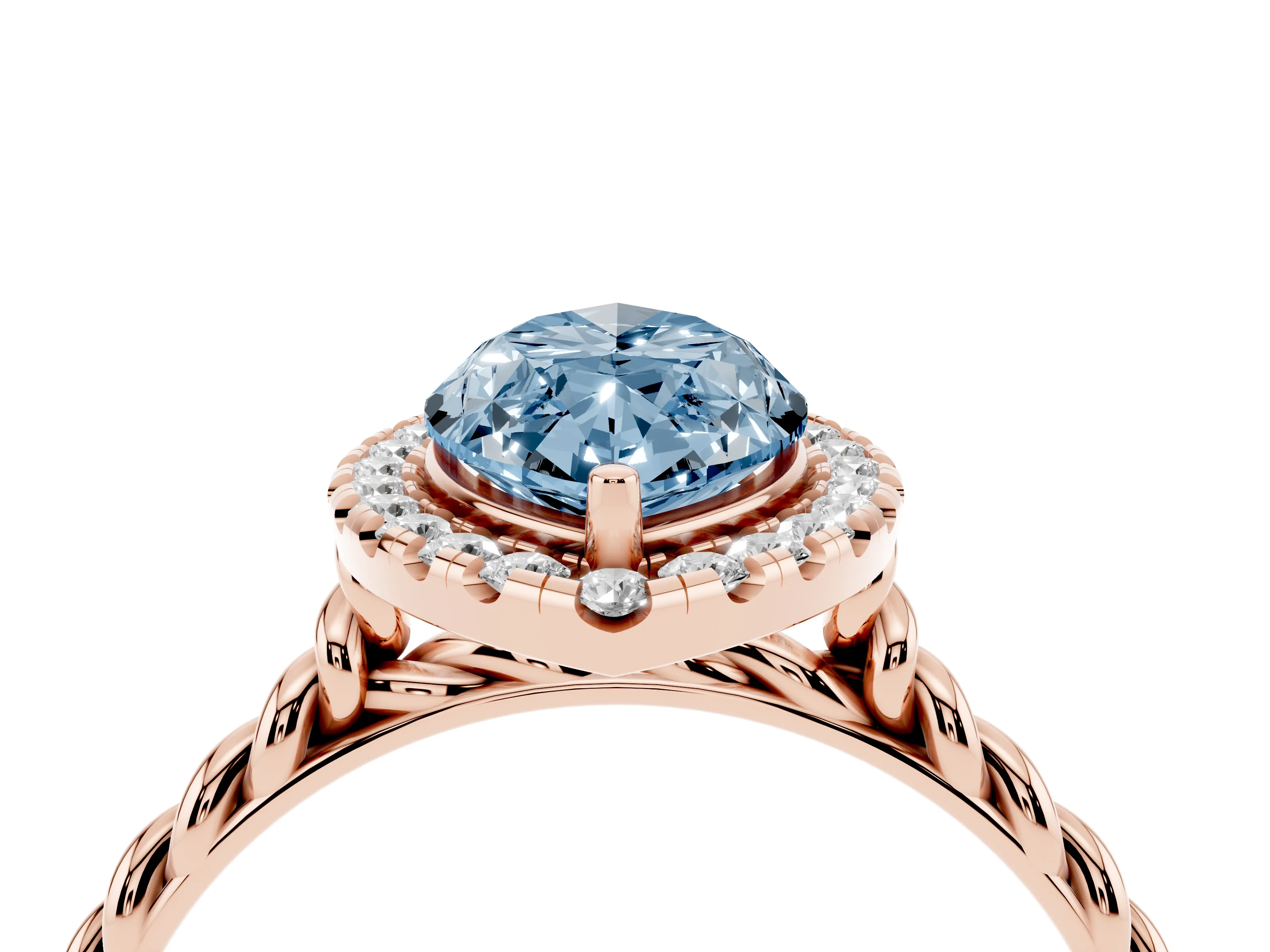 Fancy Blue Marquise Cut Diamond Halo Ring Set in Rose gold with Plain Twisted Band