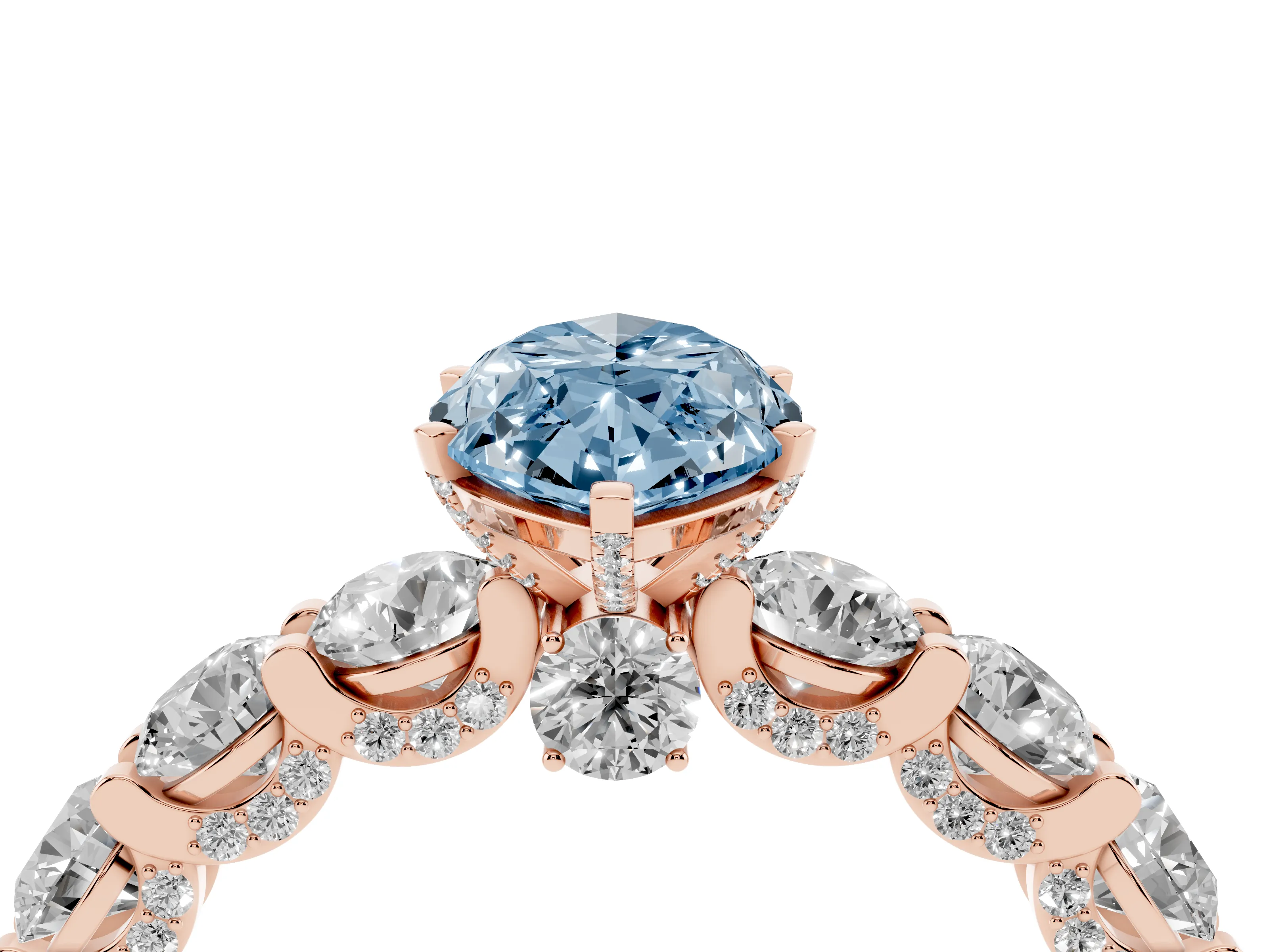 Fancy Blue Marquise Cut Diamond Side Stone Ring Set in Rose gold with Alternating Round and Oval Side Stones