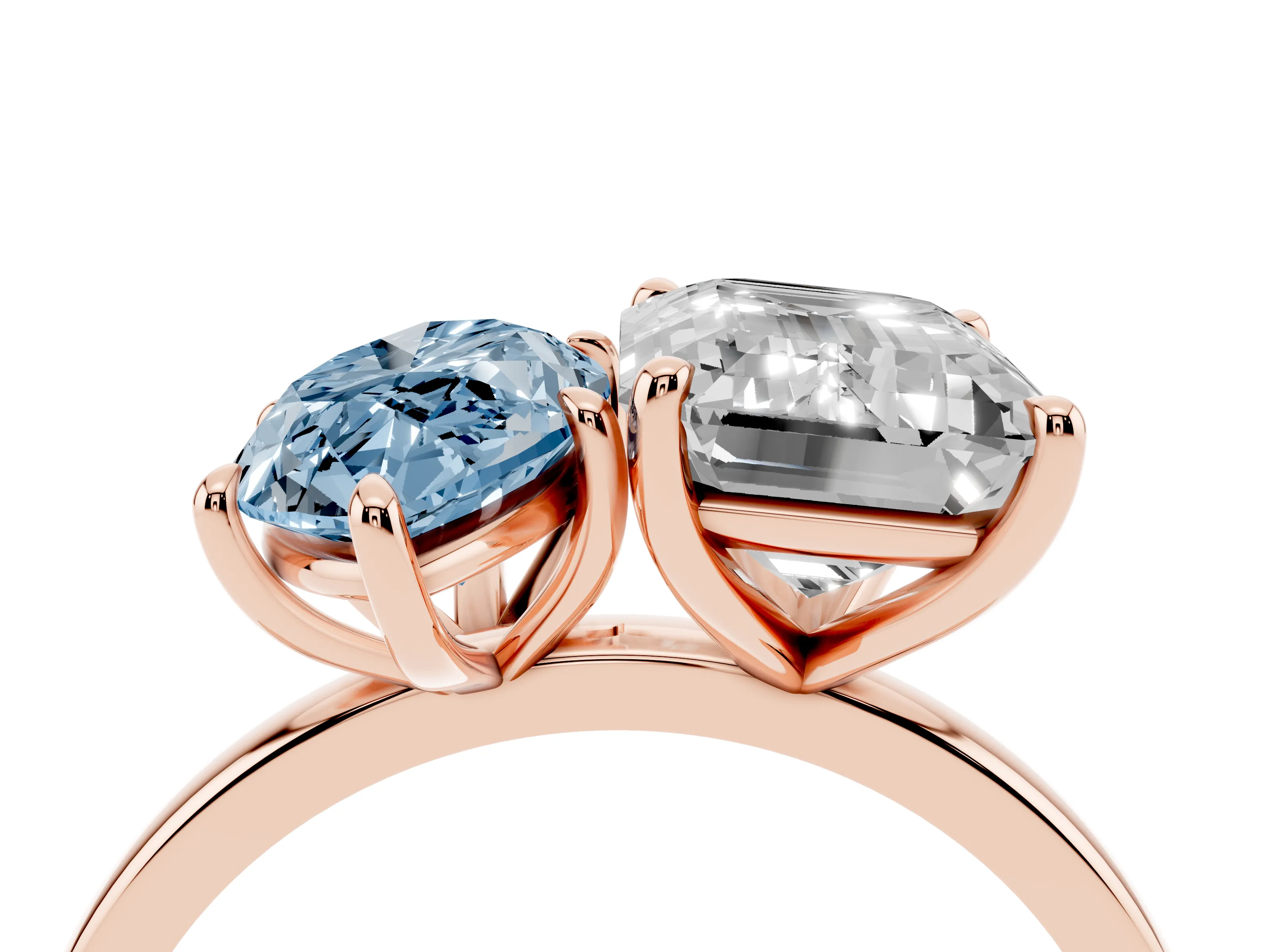Fancy Blue Marquise Cut and Emerald Cut Toi Moi Ring Set in Rose gold with Prong Setting