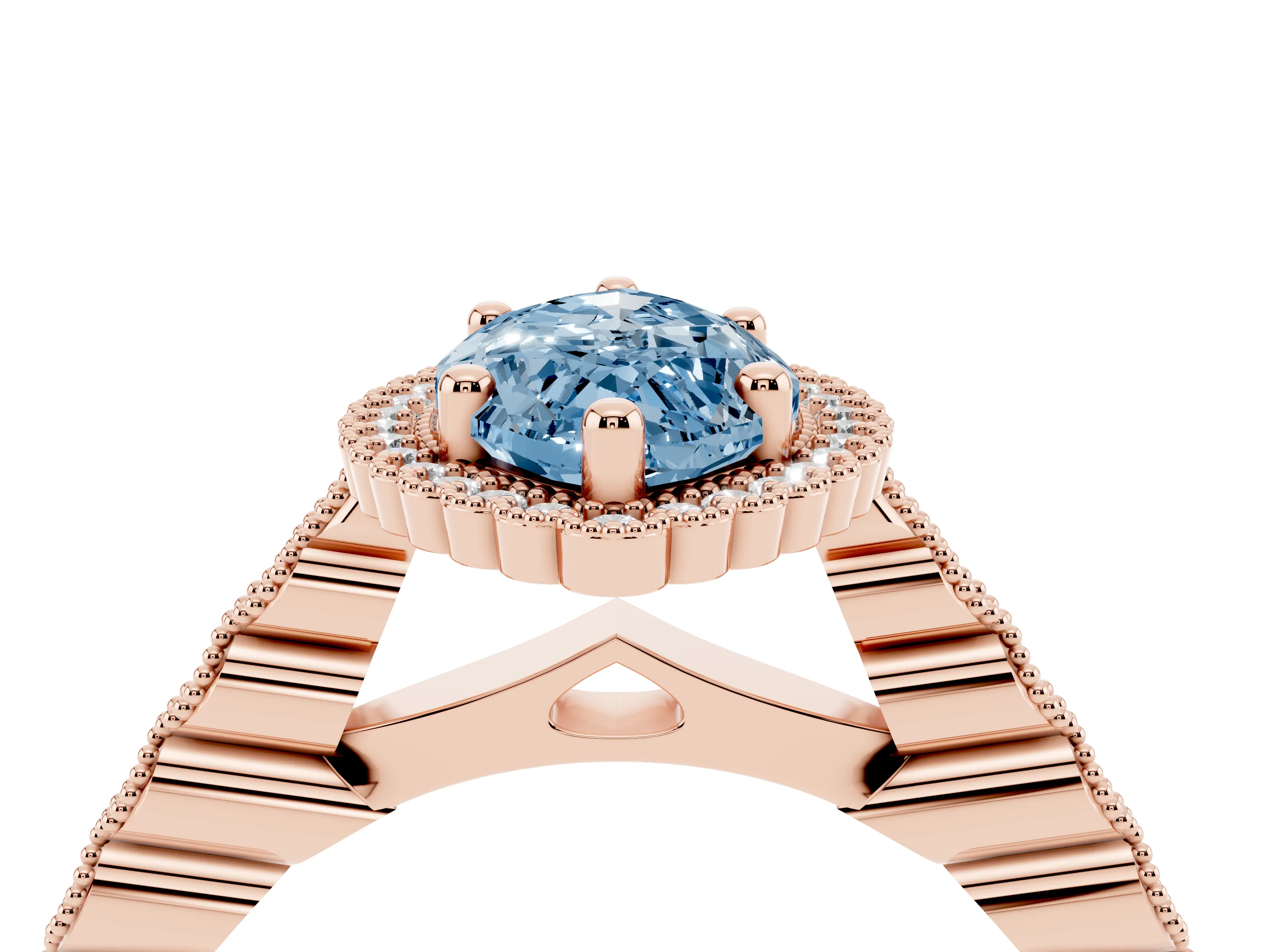 Fancy Blue Marquise Cut Diamond Halo Ring Set in Rose gold with Pavé Milgrain Band