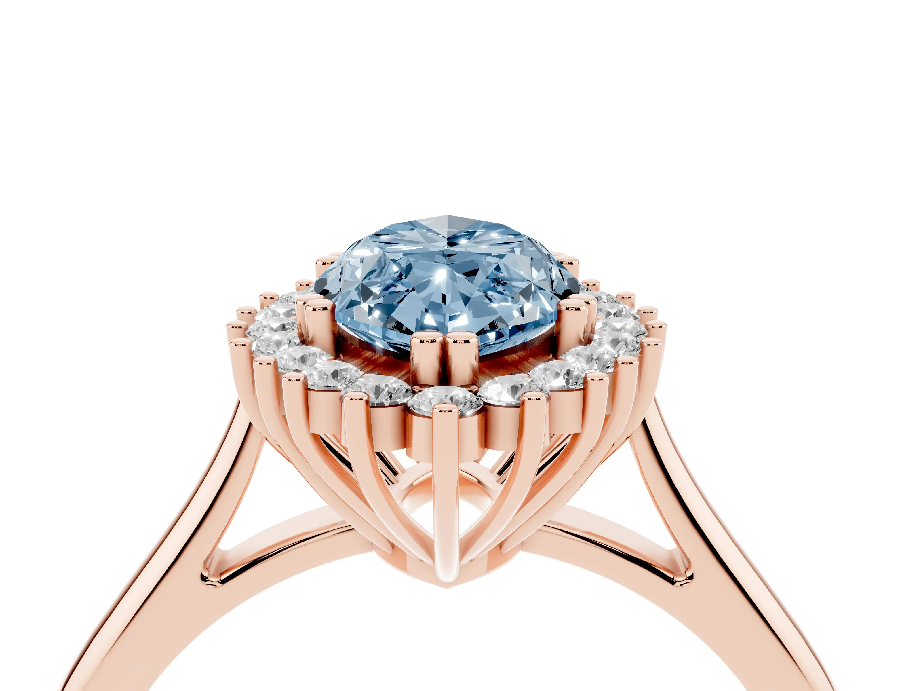 Fancy Blue Marquise Cut Diamond Halo Ring Set in Rose gold with Plain Solitaire Band and Prong Setting