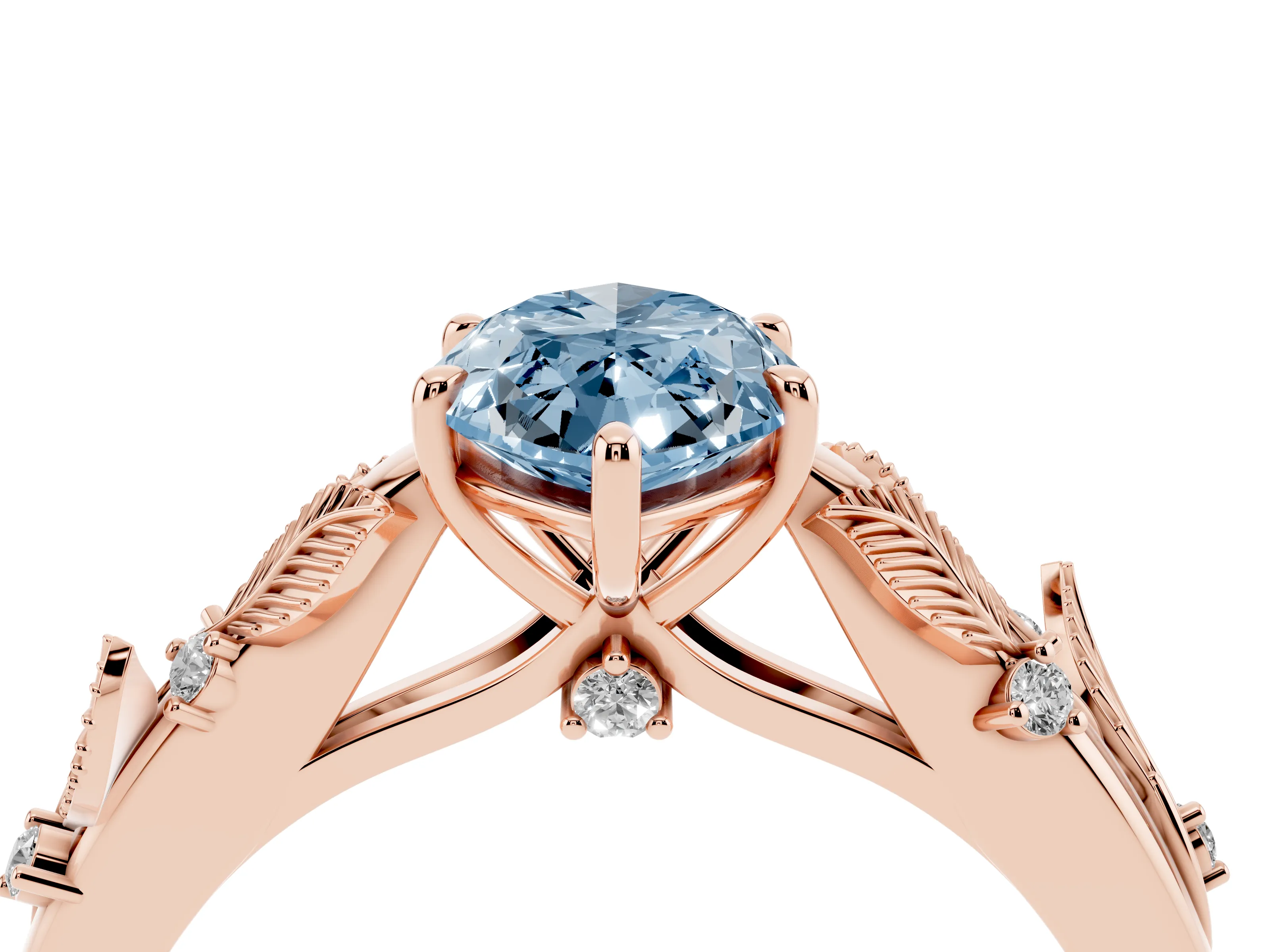 Fancy Blue Marquise Cut Diamond Solitaire Ring Set in Rose gold with Leaf Motif Band