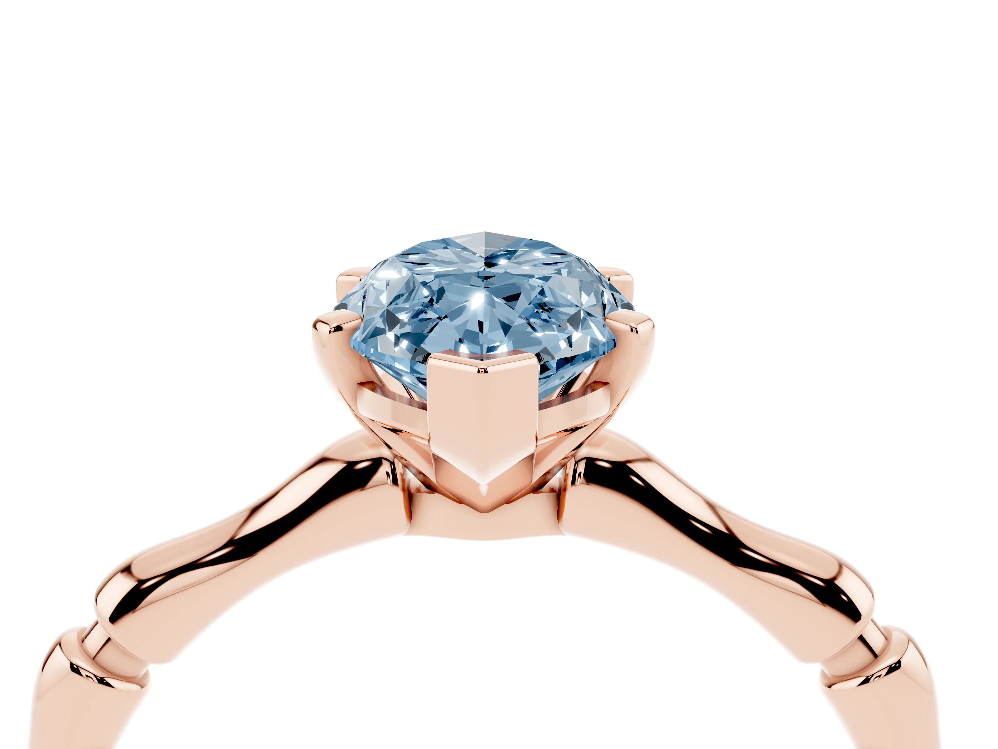 Fancy Blue Marquise Cut Diamond Solitaire Ring Set in Rose gold with Bamboo Band and Prong Setting