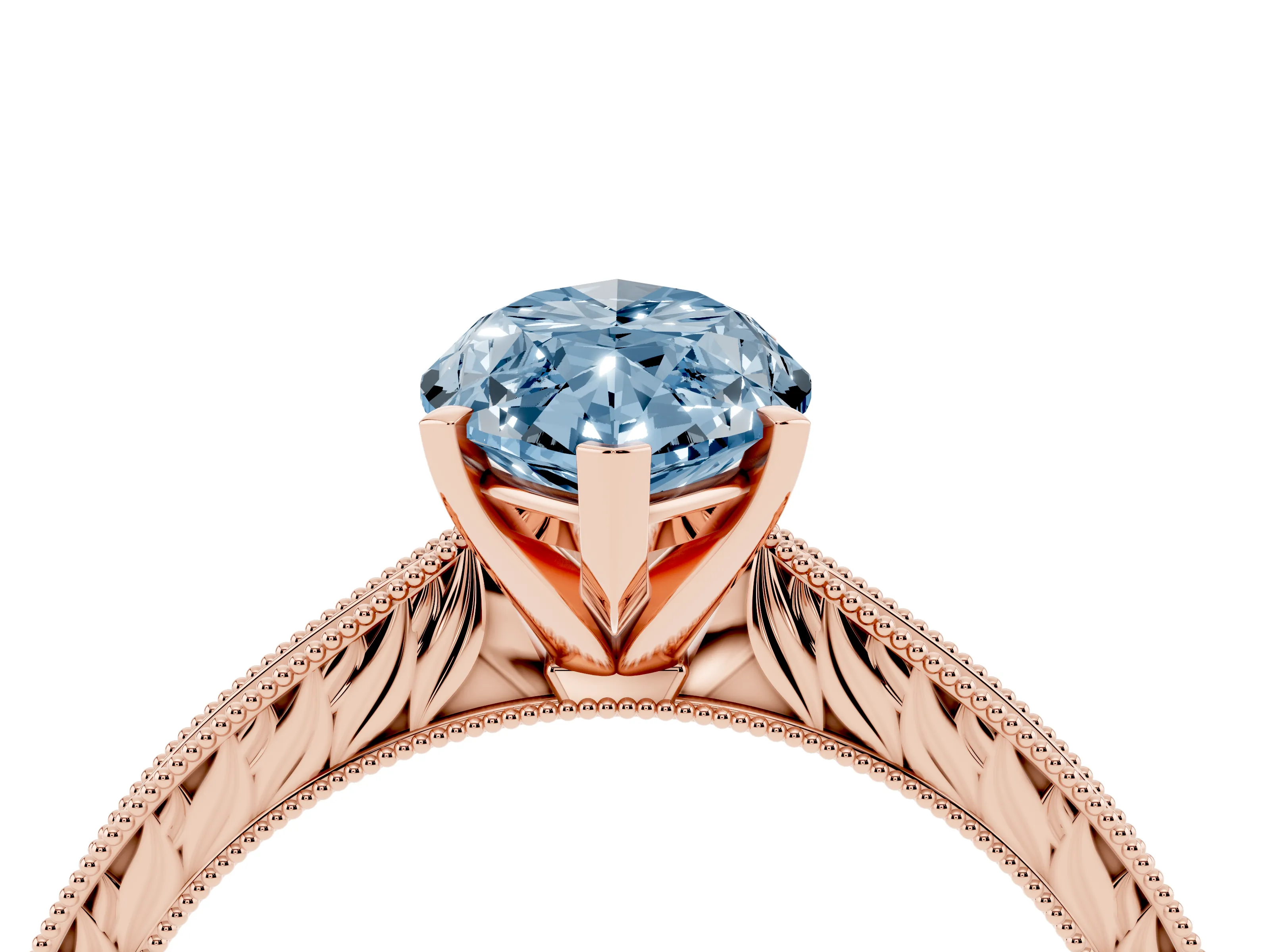 Fancy Blue Marquise Cut Diamond Solitaire Milgrain Engraved Band Set in Rose gold with Prong Setting