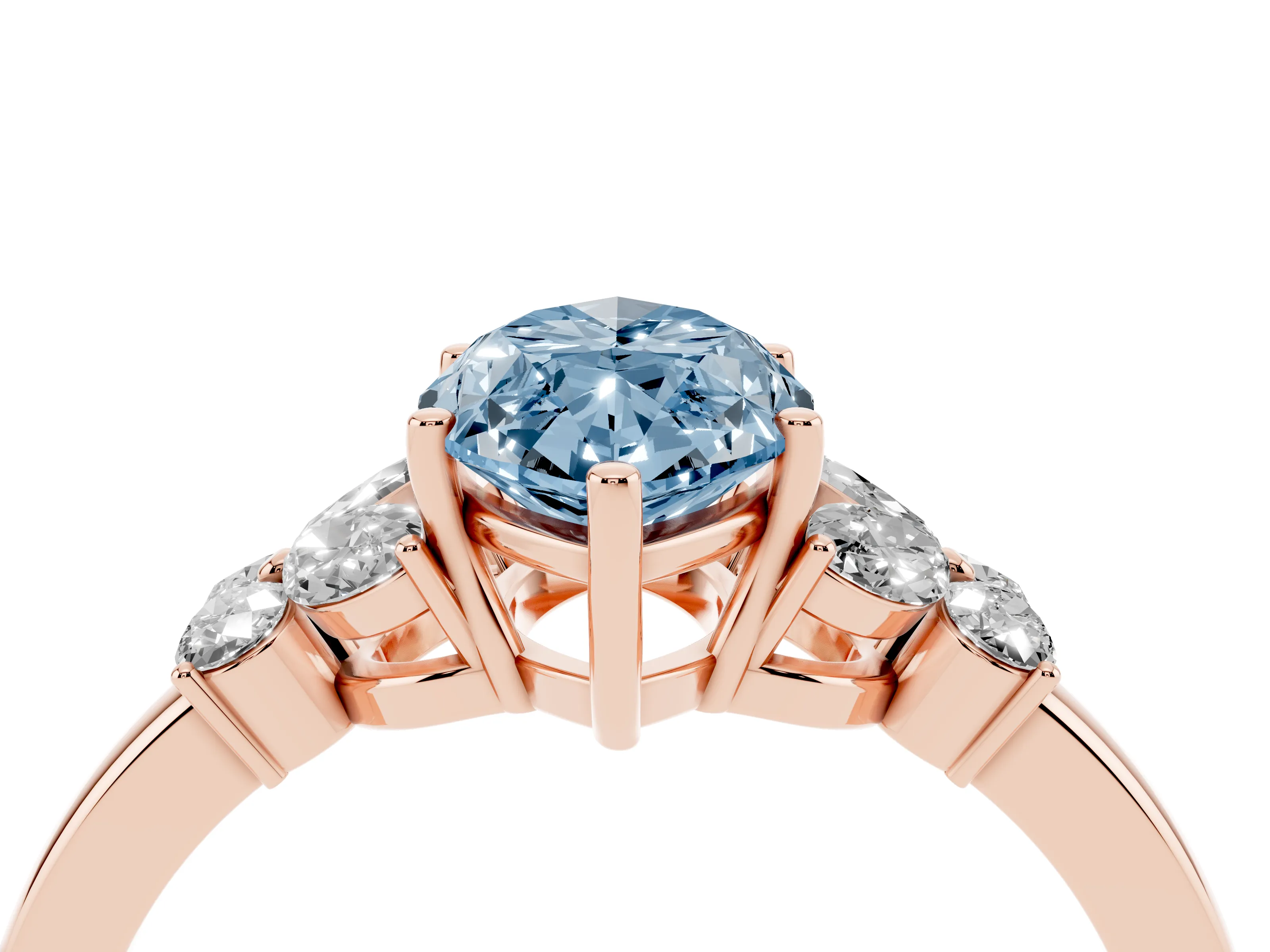 Fancy Blue Marquise Cut Diamond Solitaire Floral Ring Set in Rose gold with Marquise Petals and Prong Setting
