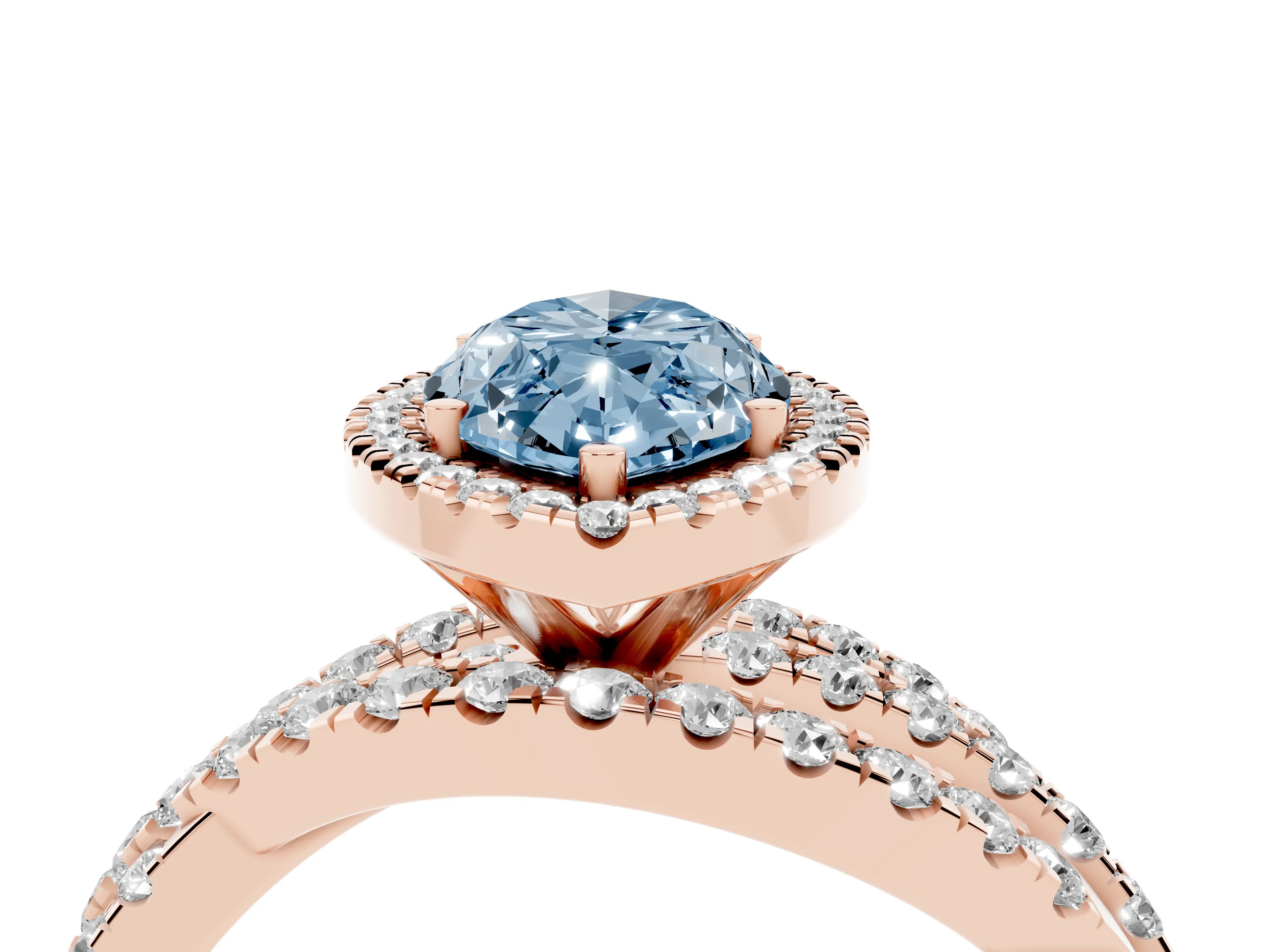 Fancy Blue Marquise Cut Diamond Halo Ring Set in Rose gold with Round Crossover Split Shank and Prong Setting