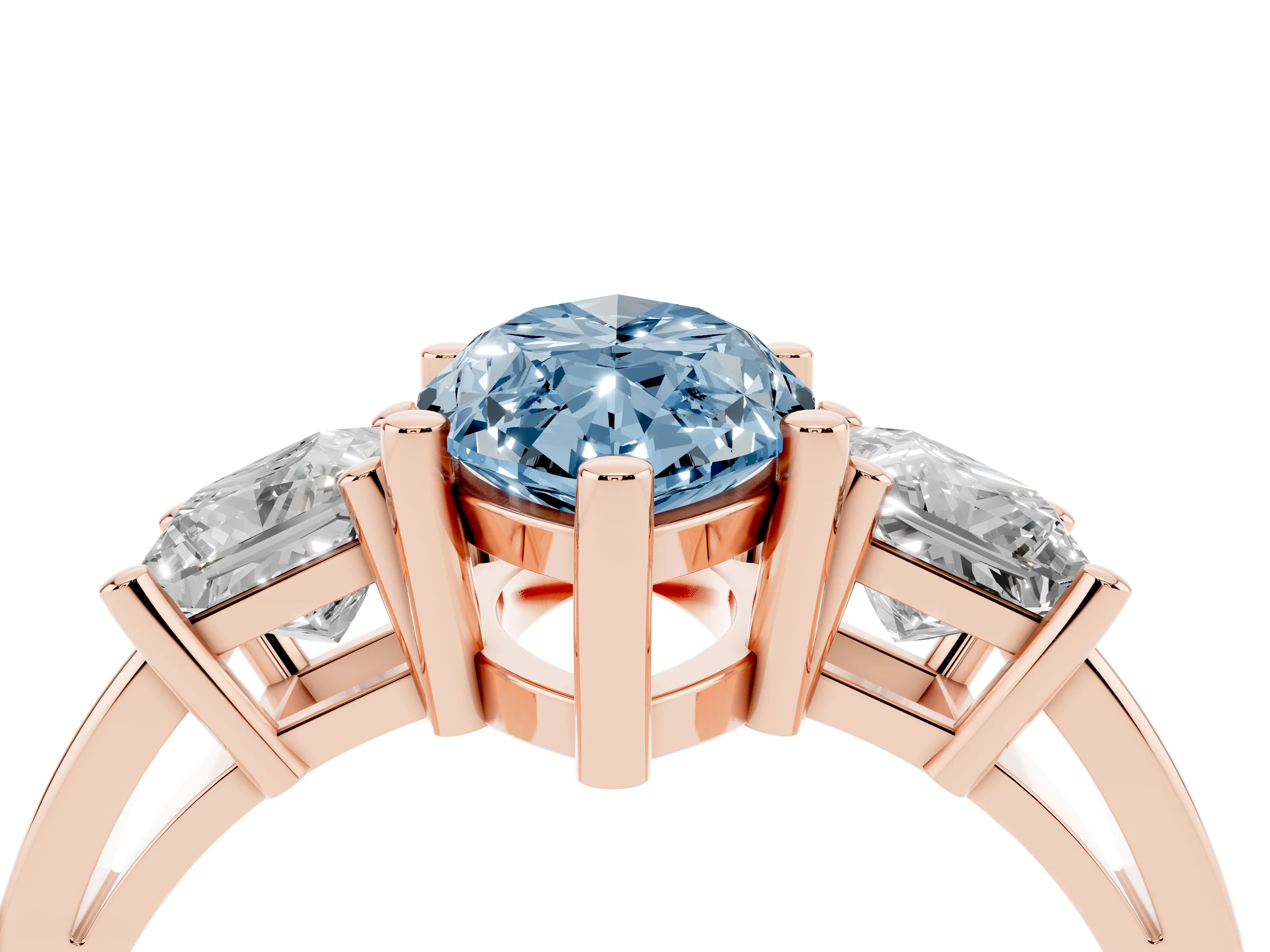 Fancy Blue Three-Stone Marquise Cut Diamond Solitaire Ring Set in Rose gold with Prong Setting