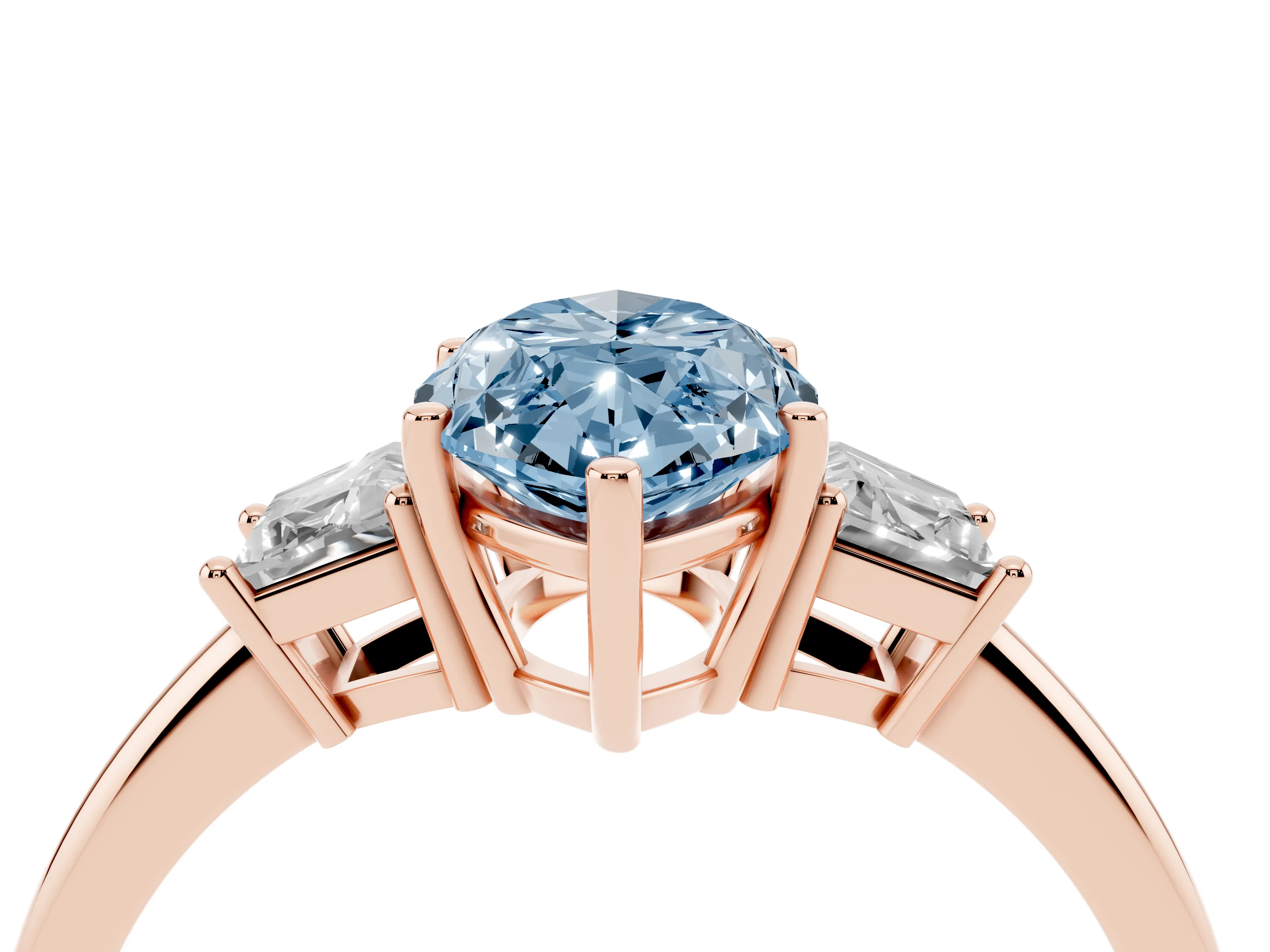 Fancy Blue Marquise Cut Diamond Three-Stone Ring Set in Rose gold with Trapezoid Side Stones and Prong Setting
