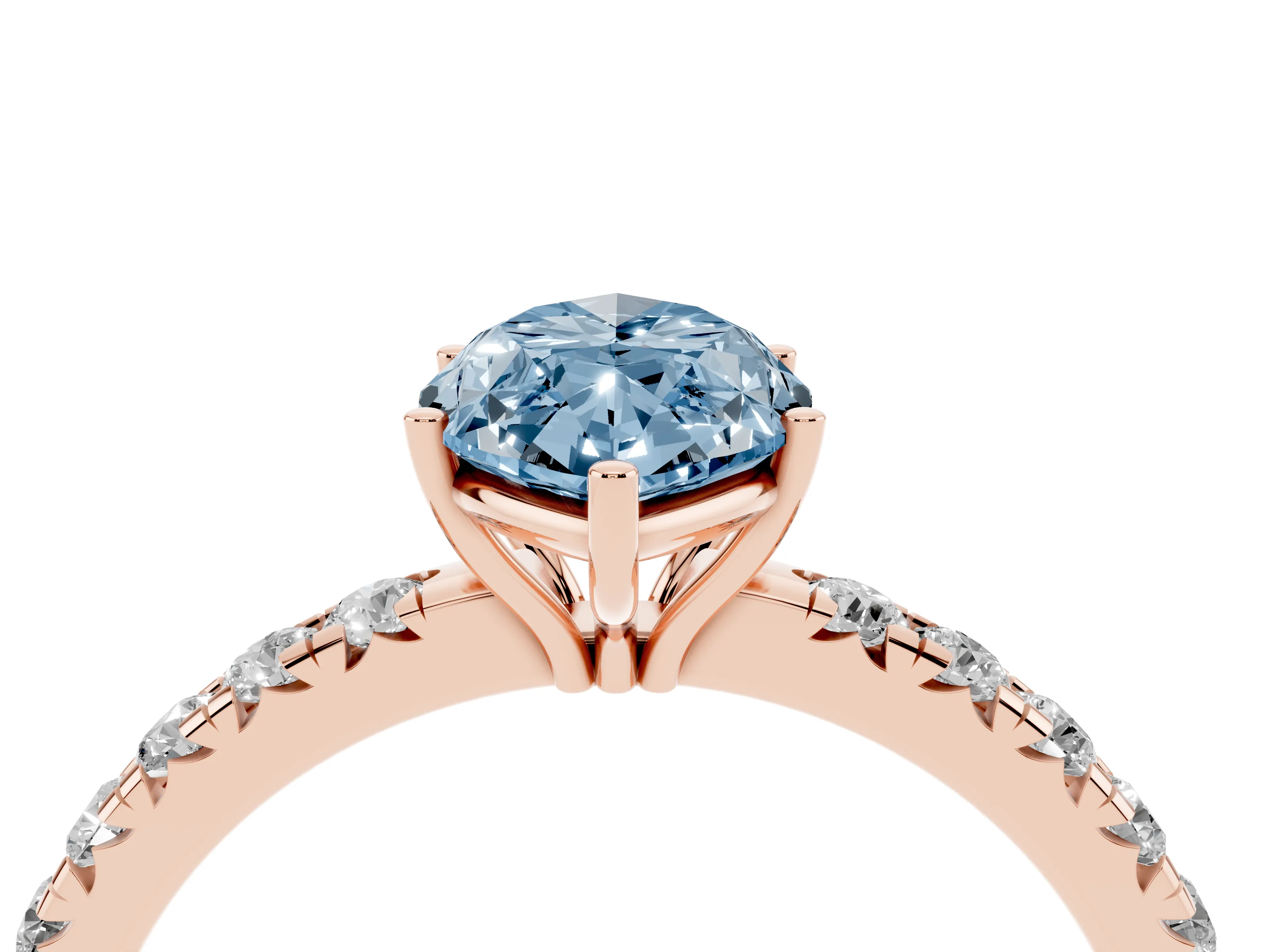 Fancy Blue Marquise Cut Diamond Pavé Solitaire Engagement Ring Set in Rose gold with Prong Setting