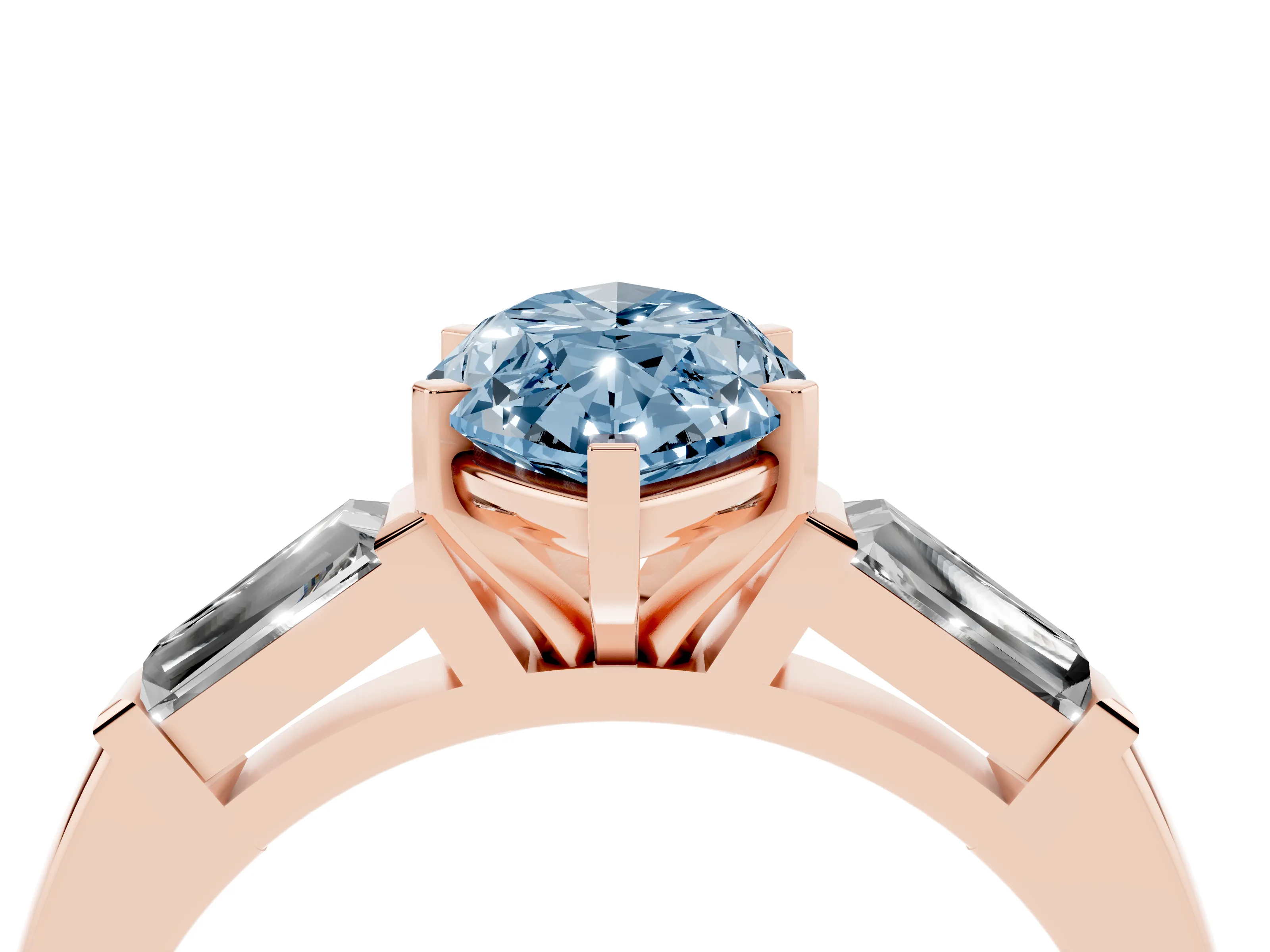 Fancy Blue Marquise Cut Diamond Solitaire Ring Set in Rose gold with Tapered Baguette Side Stones and Prong Setting